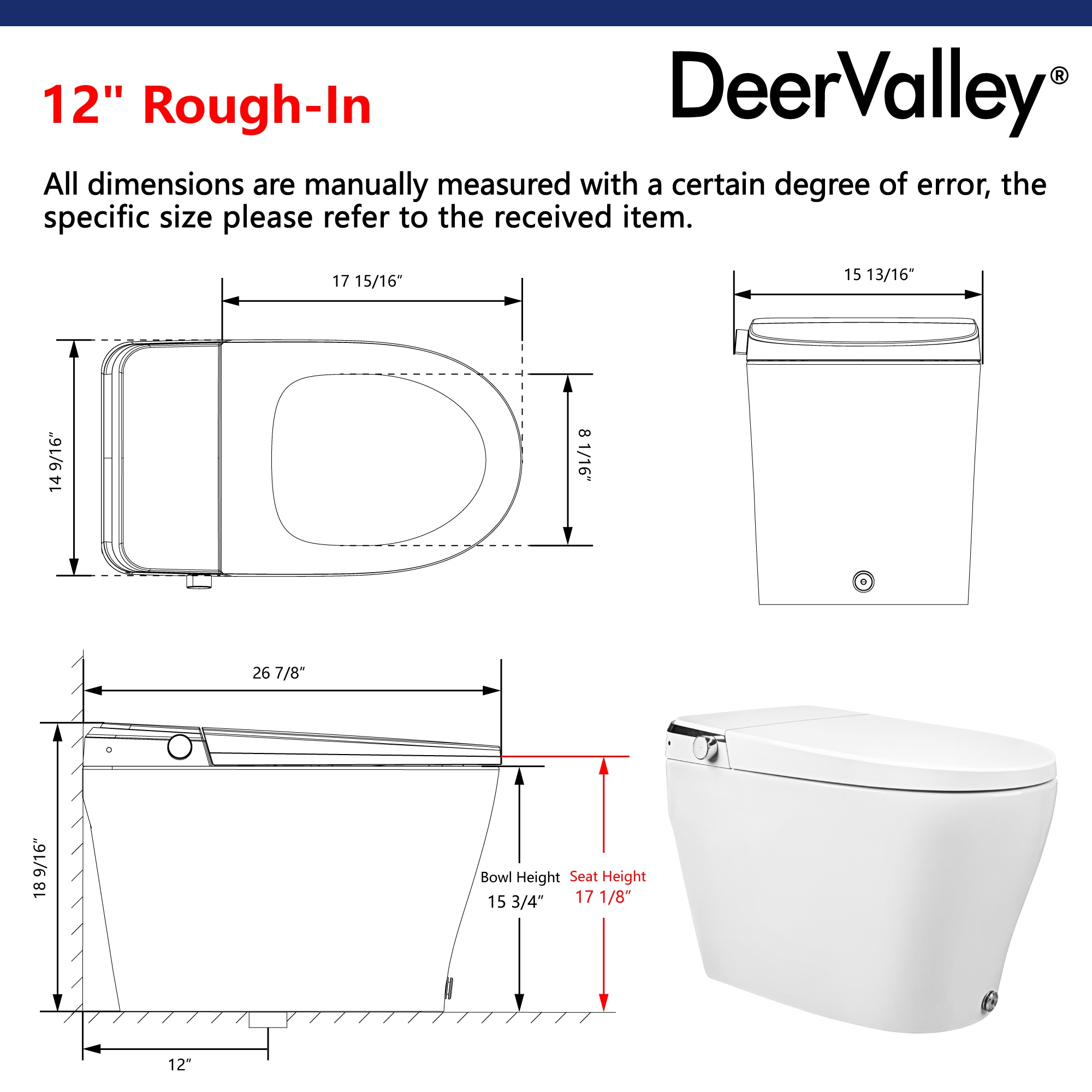 DeerValley Vertex Blanco Descarga sin Contacto Alargado Altura Estándar Inteligente Cierre Suave 1 Pieza Bidet 12 Pulgadas de Entramado Rudo 1.28 GPF DV-1S0029-V3