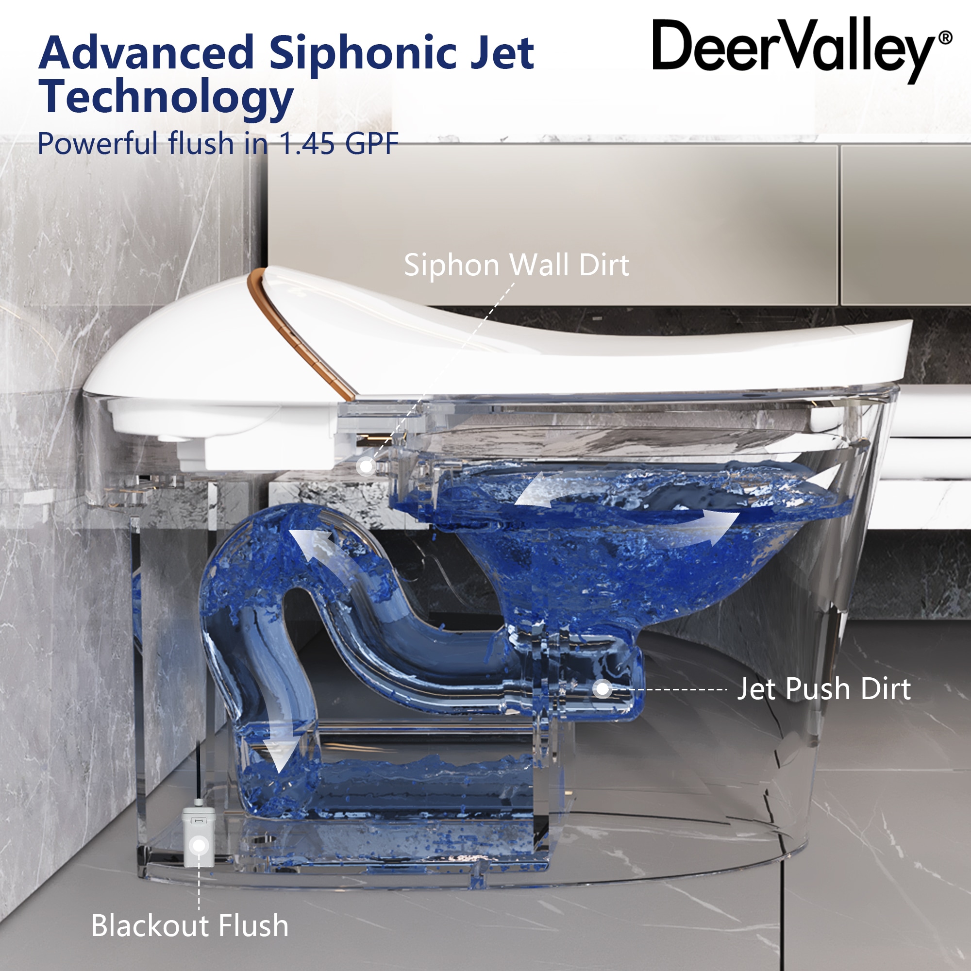 Inodoro Bidet Inteligente DeerValley Vertex Blanco de Doble Descarga, Altura Estándar alargado con Cierre Suave, 1 Pieza, 12 pulgadas de descarga áspera, 1.4 GPF DV-1S0160N