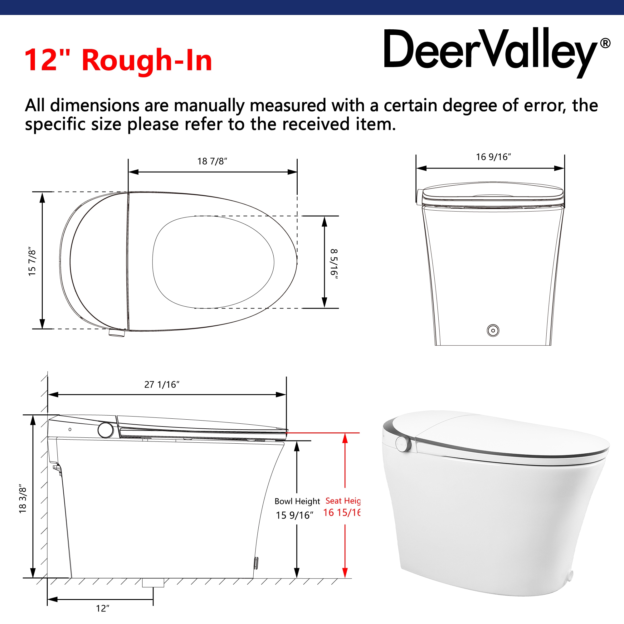Inodoro Automático Blanco DeerValley Vertex con Descarga Sin Contacto, Altura Estándar Alargada, Asiento Suave Inteligente de Cierre Suave, Un Solo Cuerpo con Bidé, Descarga de 1.28 GPF, 12 pulgadas de Montaje, Modelo DV-1S0019-V3N