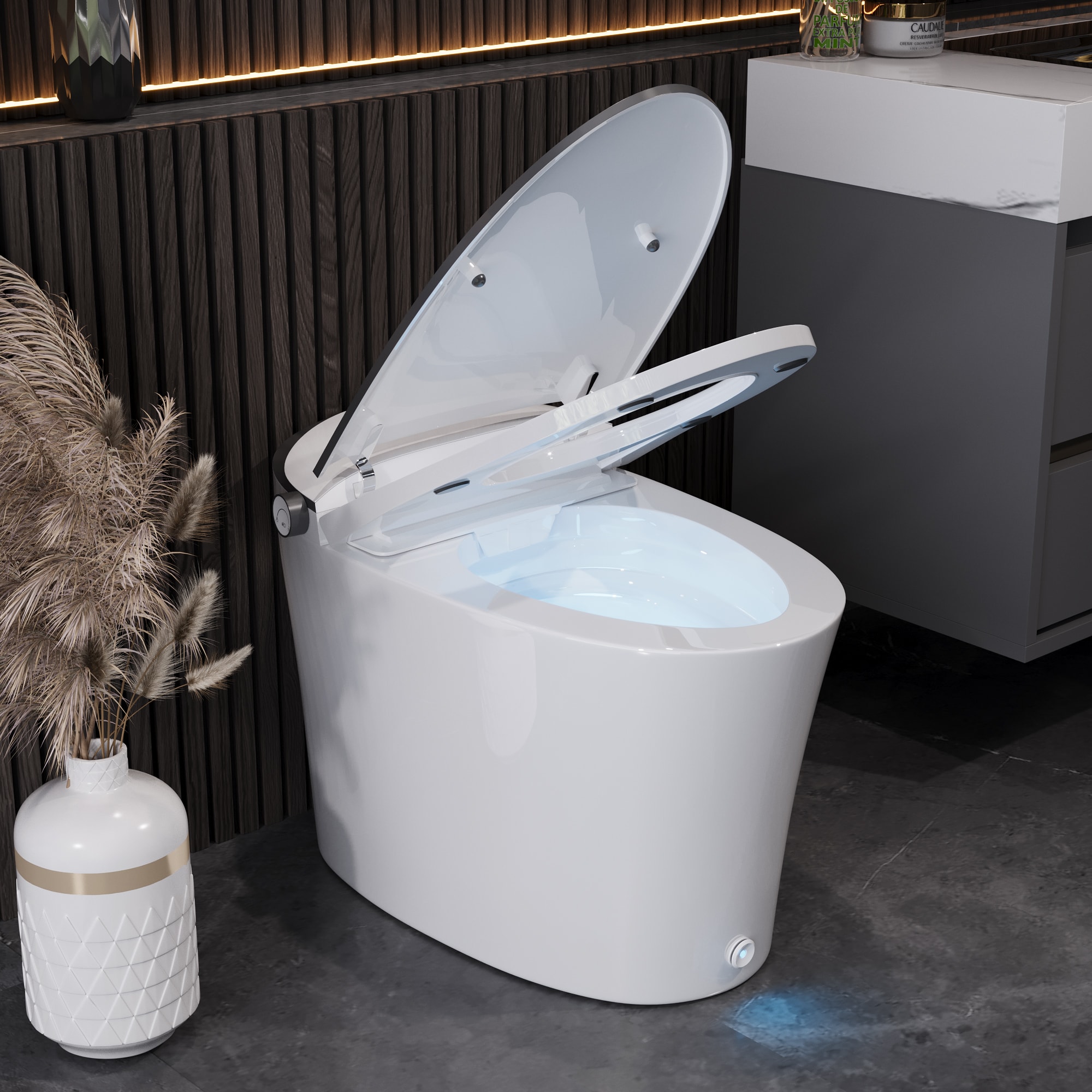 Inodoro Automático Blanco DeerValley Vertex con Descarga Sin Contacto, Altura Estándar Alargada, Asiento Suave Inteligente de Cierre Suave, Un Solo Cuerpo con Bidé, Descarga de 1.28 GPF, 12 pulgadas de Montaje, Modelo DV-1S0019-V3N