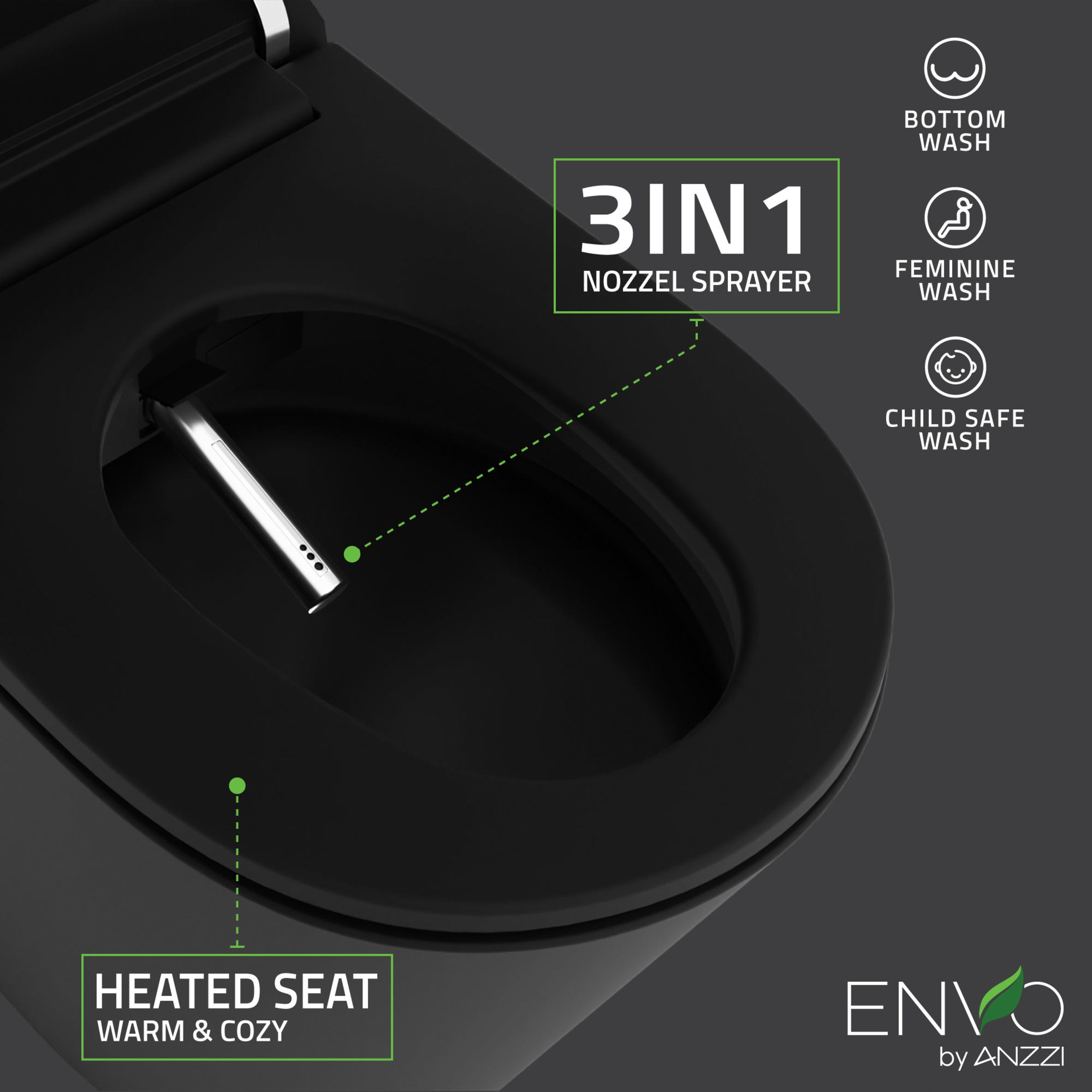 ANZZI Negro Inodoro Inteligente sin Contacto para Descarga con Asiento Suave Cierre Lento y Bidé de Altura Estándar alargado con Sistema de Descarga de 12 pulgadas y 1.28 GPF TL-ST950WIFI-MB