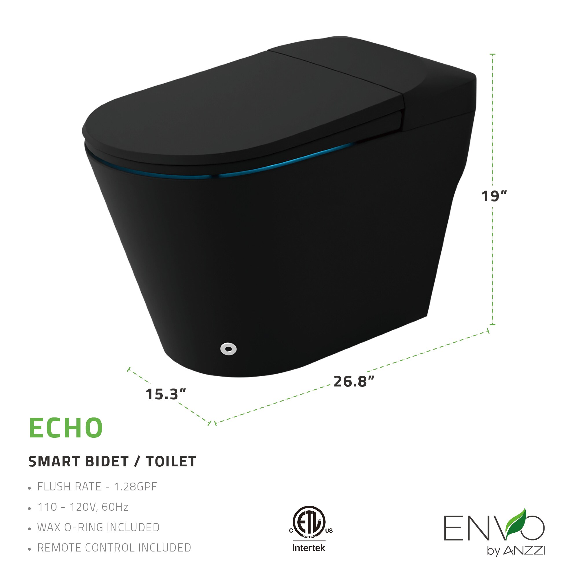 ANZZI Negro Inodoro Inteligente sin Contacto para Descarga con Asiento Suave Cierre Lento y Bidé de Altura Estándar alargado con Sistema de Descarga de 12 pulgadas y 1.28 GPF TL-ST950WIFI-MB