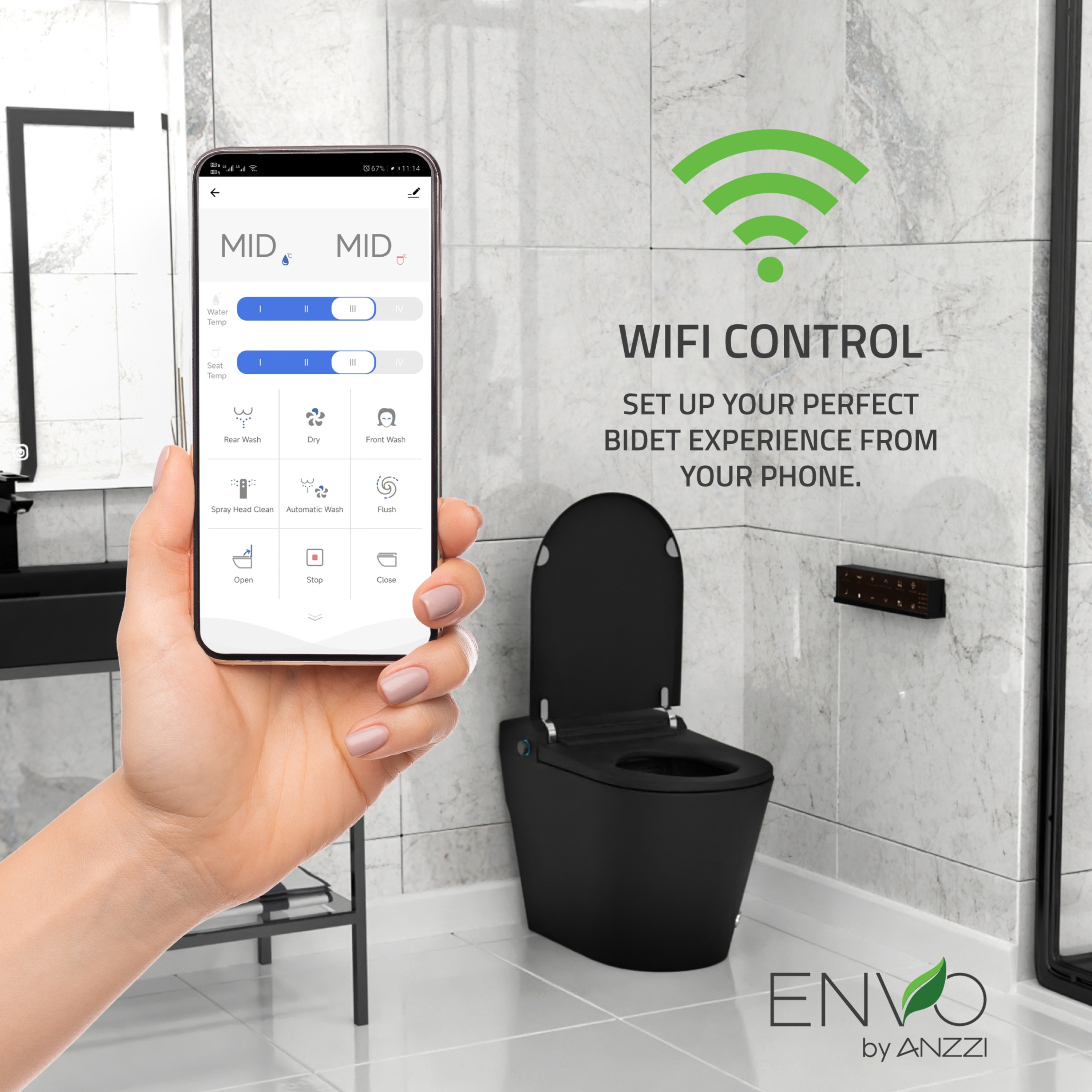ANZZI Negro Inodoro Inteligente sin Contacto para Descarga con Asiento Suave Cierre Lento y Bidé de Altura Estándar alargado con Sistema de Descarga de 12 pulgadas y 1.28 GPF TL-ST950WIFI-MB