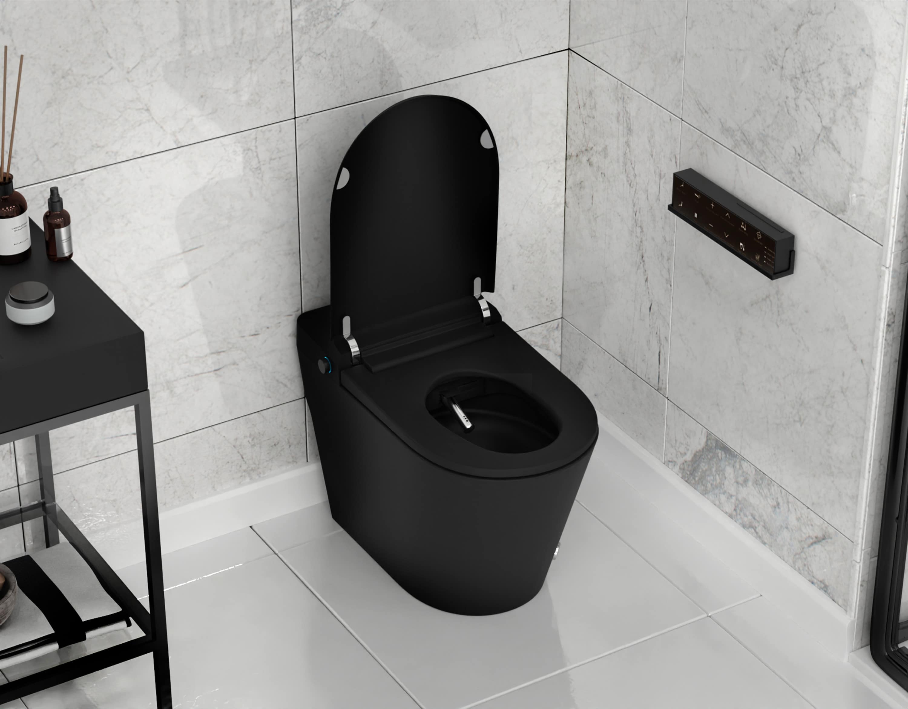 ANZZI Negro Inodoro Inteligente sin Contacto para Descarga con Asiento Suave Cierre Lento y Bidé de Altura Estándar alargado con Sistema de Descarga de 12 pulgadas y 1.28 GPF TL-ST950WIFI-MB