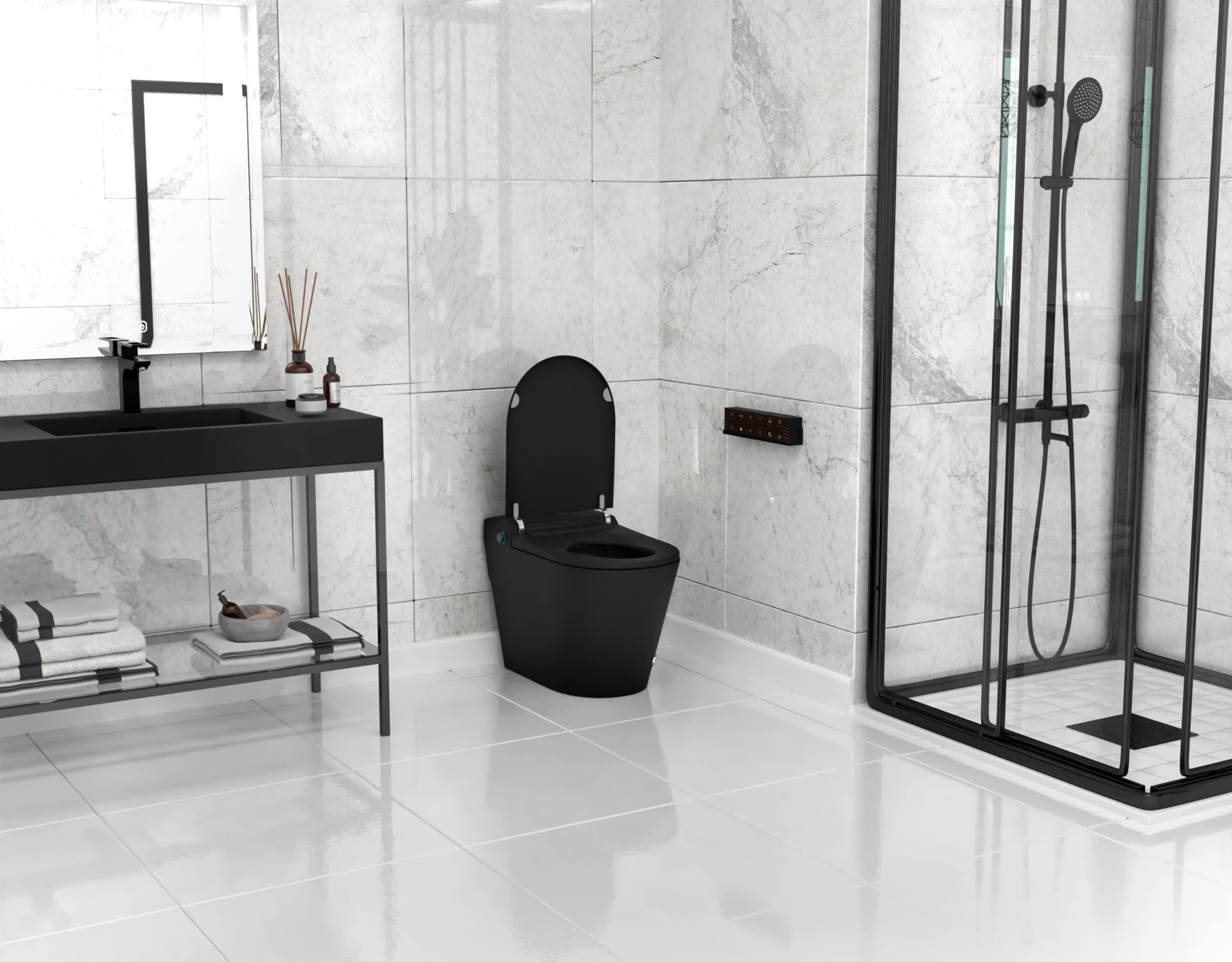 ANZZI Negro Inodoro Inteligente sin Contacto para Descarga con Asiento Suave Cierre Lento y Bidé de Altura Estándar alargado con Sistema de Descarga de 12 pulgadas y 1.28 GPF TL-ST950WIFI-MB