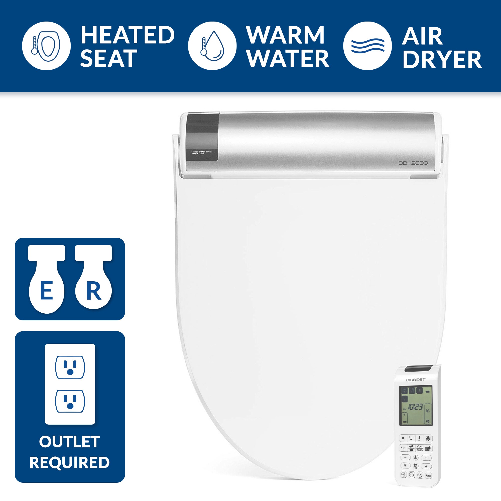 Asiento de Inodoro con Bidé Calentito y Cierre Suave para Inodoro Alargado de Plástico Blanco Bio Bidet BB-2000 DRY