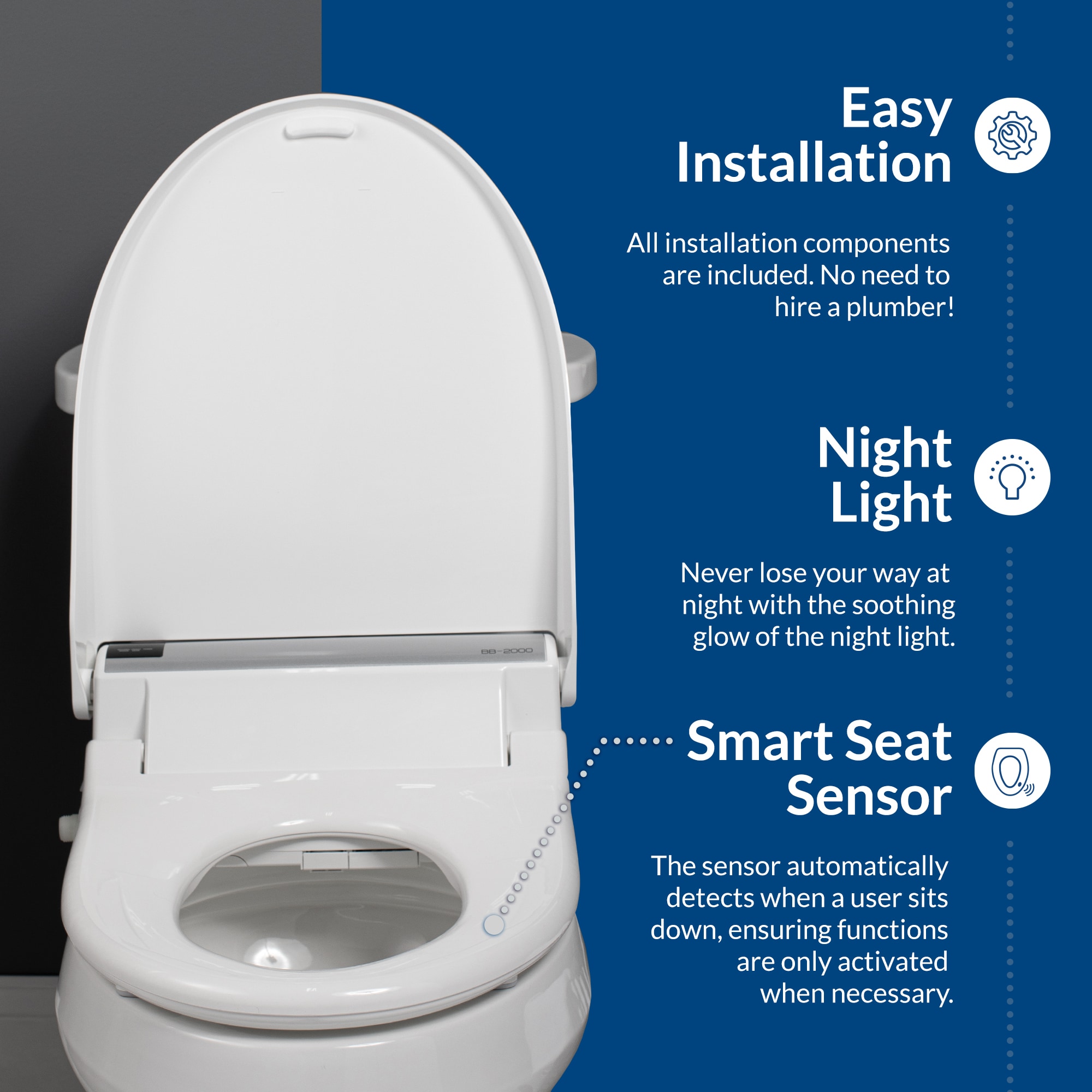 Asiento de Inodoro con Bidé Calentito y Cierre Suave para Inodoro Alargado de Plástico Blanco Bio Bidet BB-2000 DRY