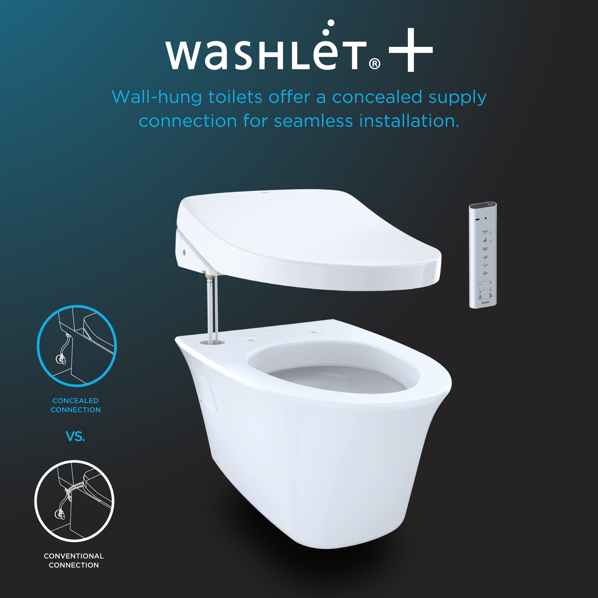 Washlet+ plateado mate con doble descarga, altura estándar, cierre suave, bidé de pared sin tanque, conexión a pared, etiqueta WaterSense de 1.28 GPF.