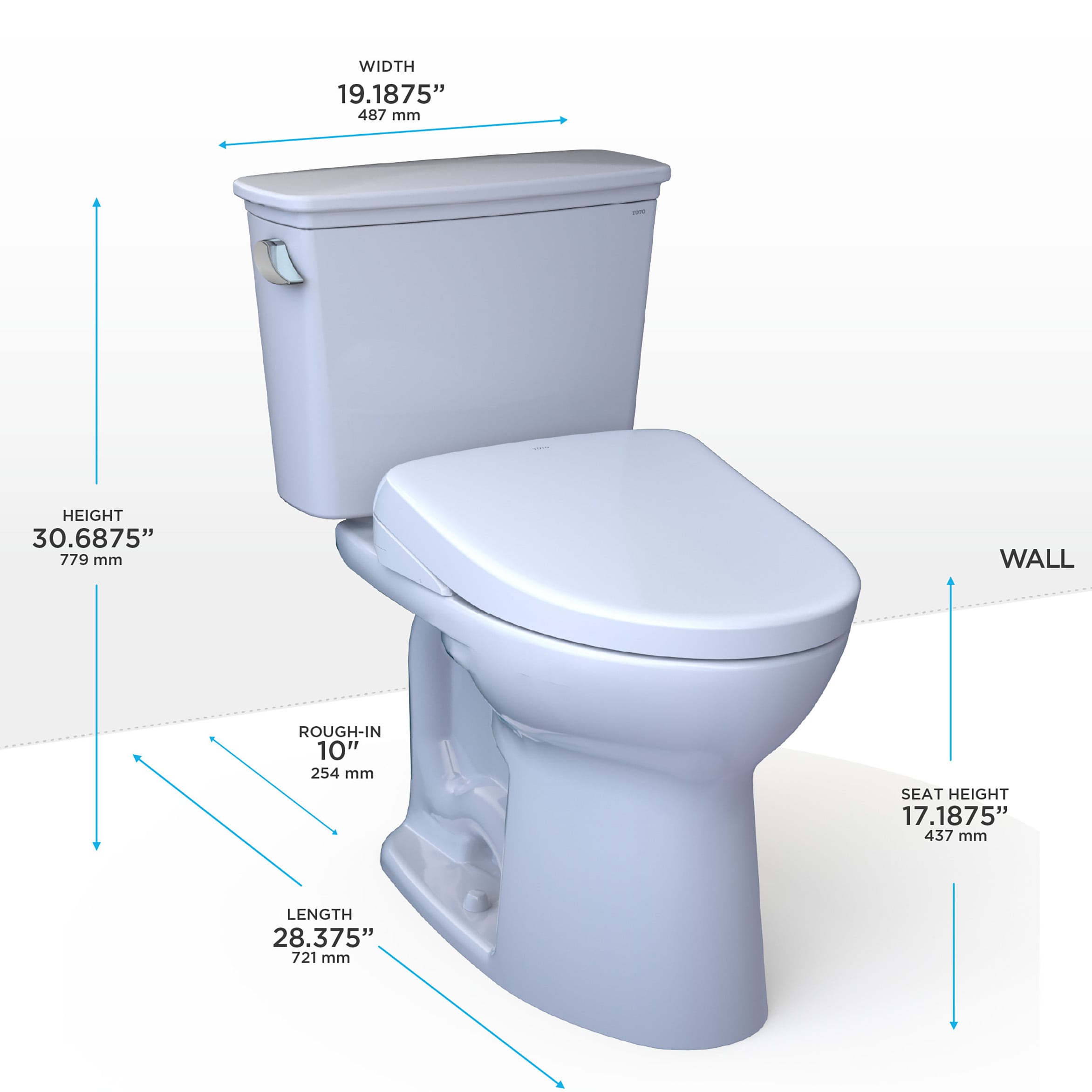 Inodoro TOTO Drake Algodón Blanco Alargado Individual Altura Estándar Cierre Suave de 2 piezas con Bidet Áspero de 10 pulgadas y descarga de 1.28 GPF MW7864736CEFGA.10-01.