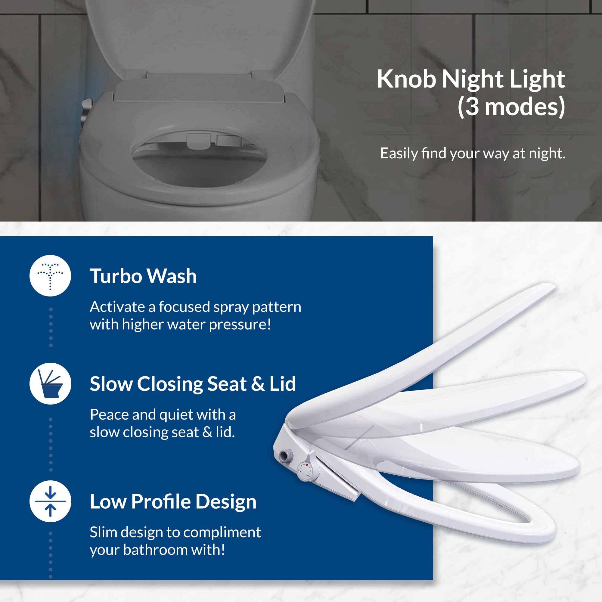 Asiento de inodoro con bidet calentado de cierre suave alargado de plástico blanco Bio Bidet BB-500