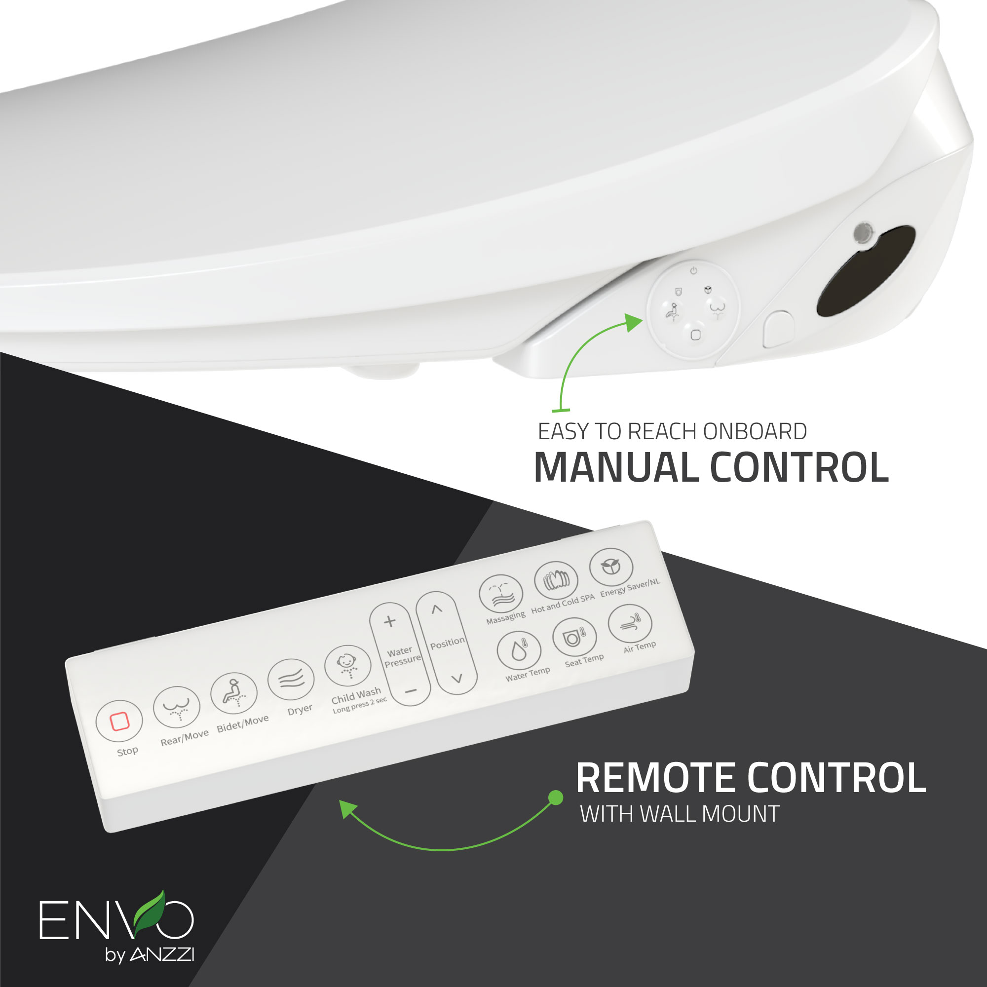 Asiento de inodoro bidet alargado con cierre suave y calentado inteligente en blanco de plástico de ANZZI TL-AZEB105B