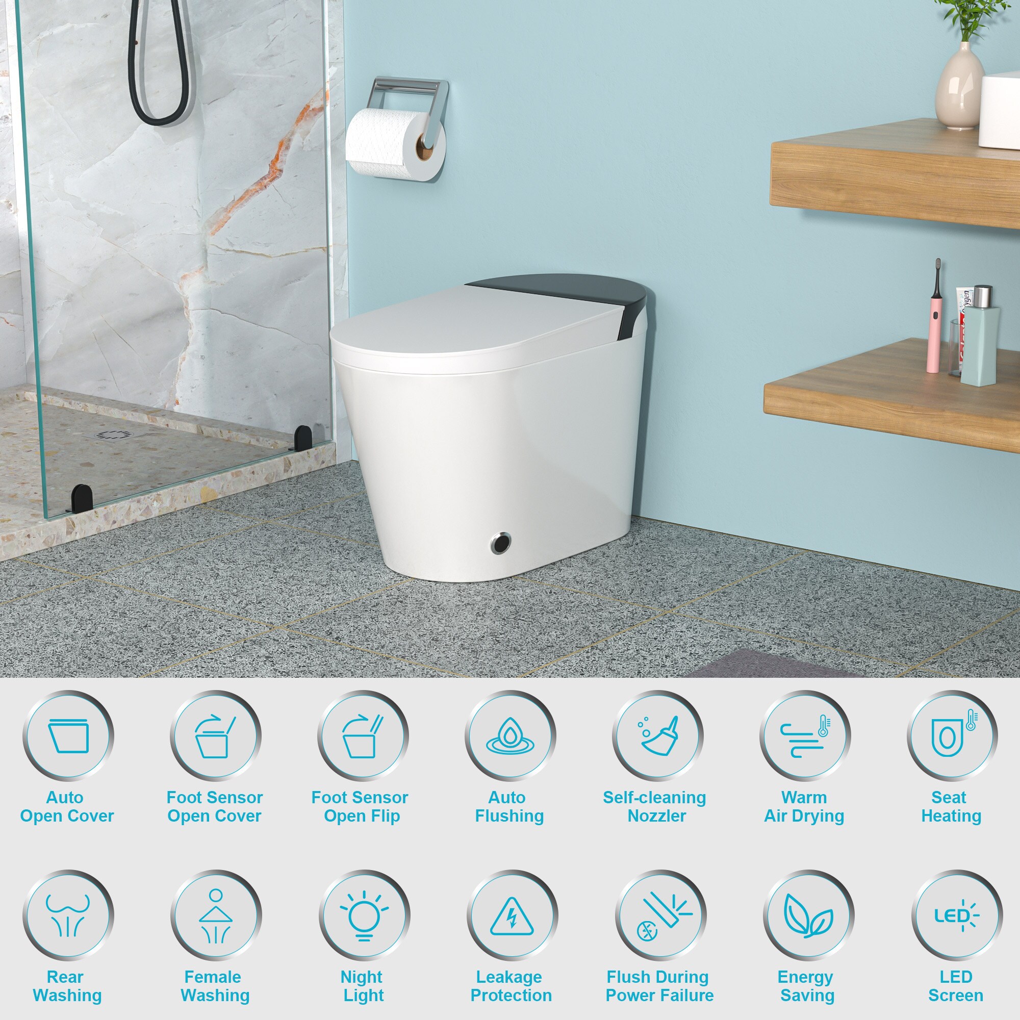Mondawe Blanco Individual Alargado Altura Estándar Inteligente con Cierre Suave 1-pieza Bidé de 12 pulgadas 12-in Rough-In 1.28 GPF MD-LD-03328