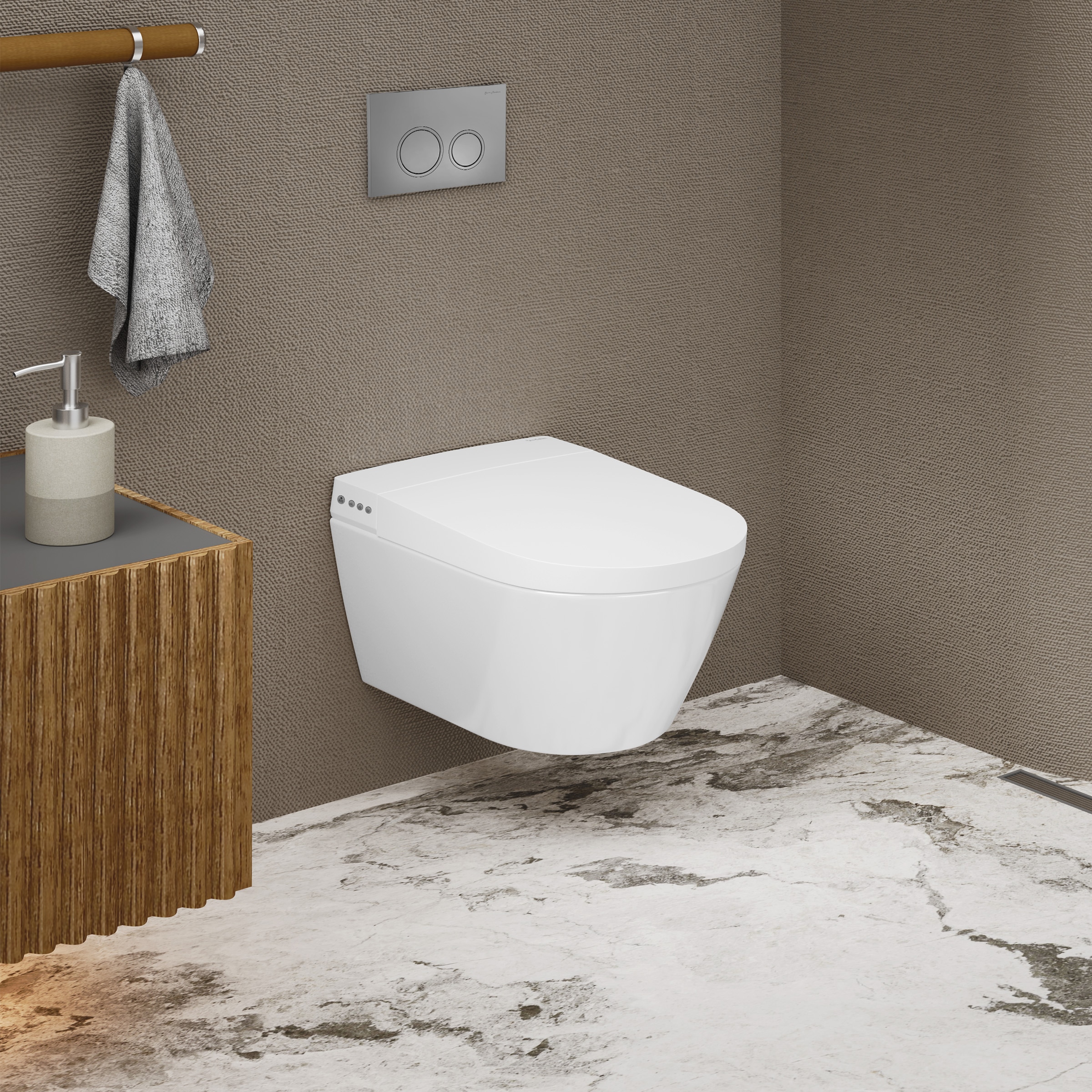 Sanitario Suizo Madison Poitiers Blanco Brillante de Descarga Dual con Altura Estándar alargada, Cierre Suave Inteligente de 1 pieza, Bidet de Pared Montado con Descarga de 1.6 GPF SM-25-WTPOI03WH.