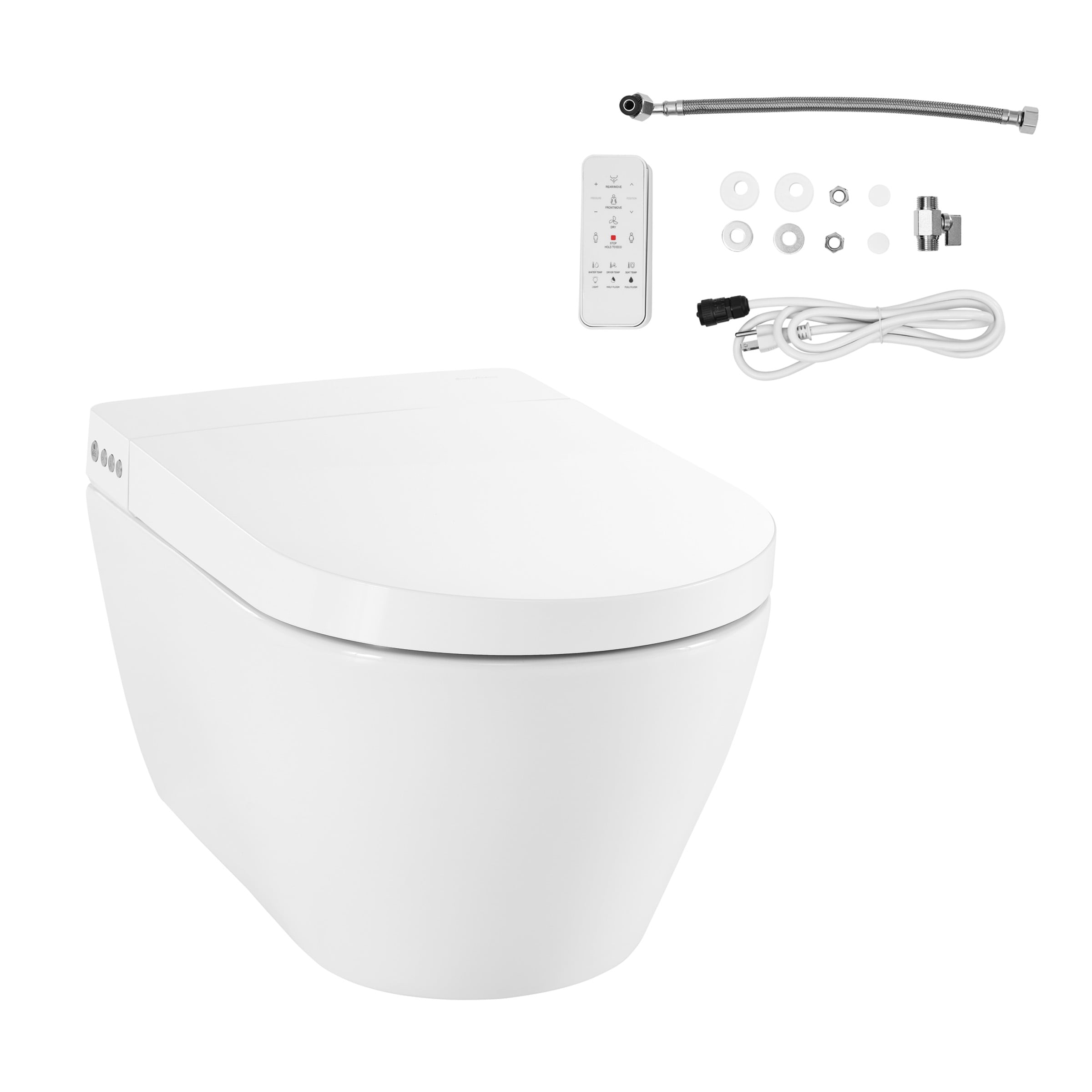 Sanitario Suizo Madison Poitiers Blanco Brillante de Descarga Dual con Altura Estándar alargada, Cierre Suave Inteligente de 1 pieza, Bidet de Pared Montado con Descarga de 1.6 GPF SM-25-WTPOI03WH.