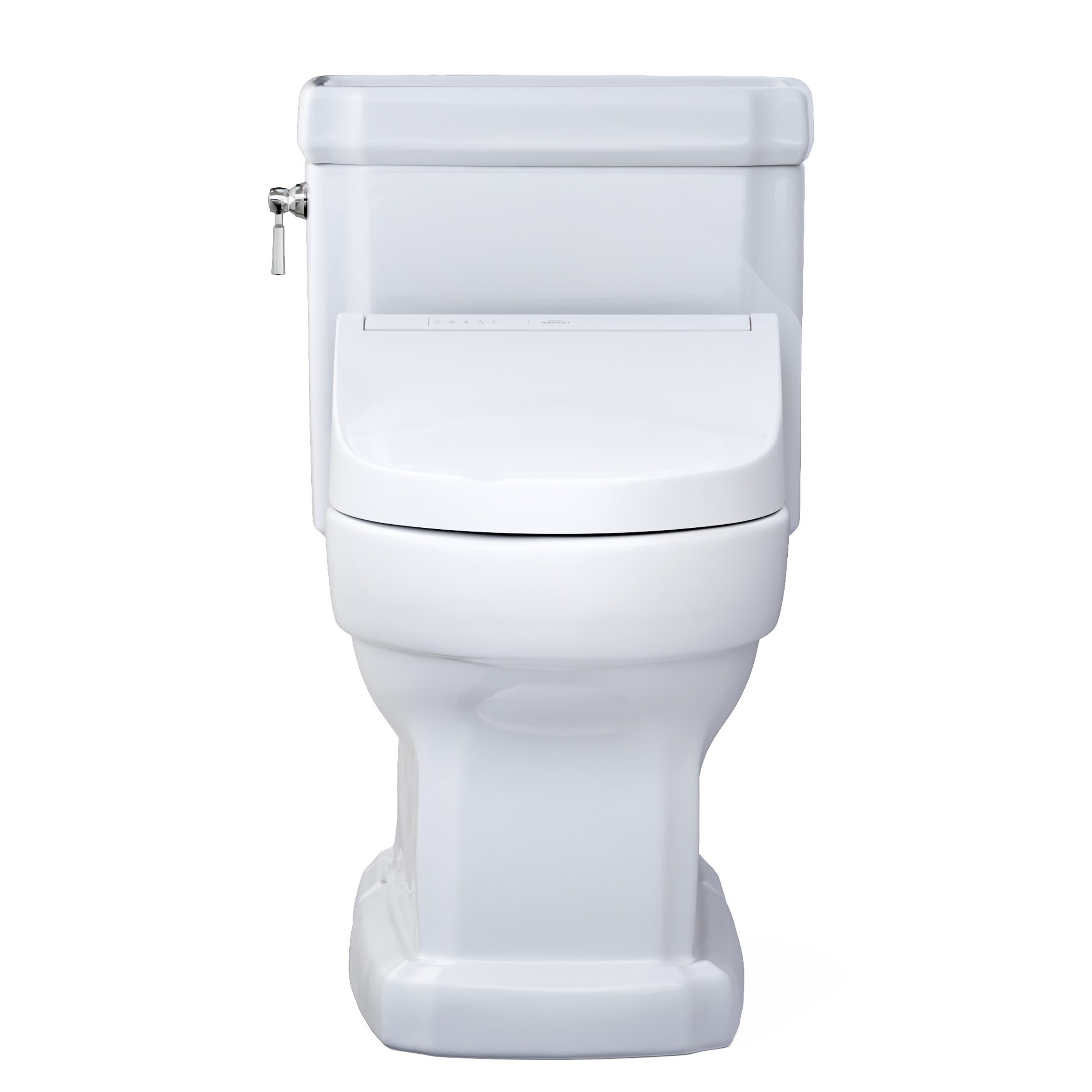 Bidé TOTO Guinevere de una sola pieza, con altura de silla y cierre suave, en color blanco de algodón. Con una descarga de 1.28 GPF y un diseño alargado, ideal para un baño elegante y funcional.