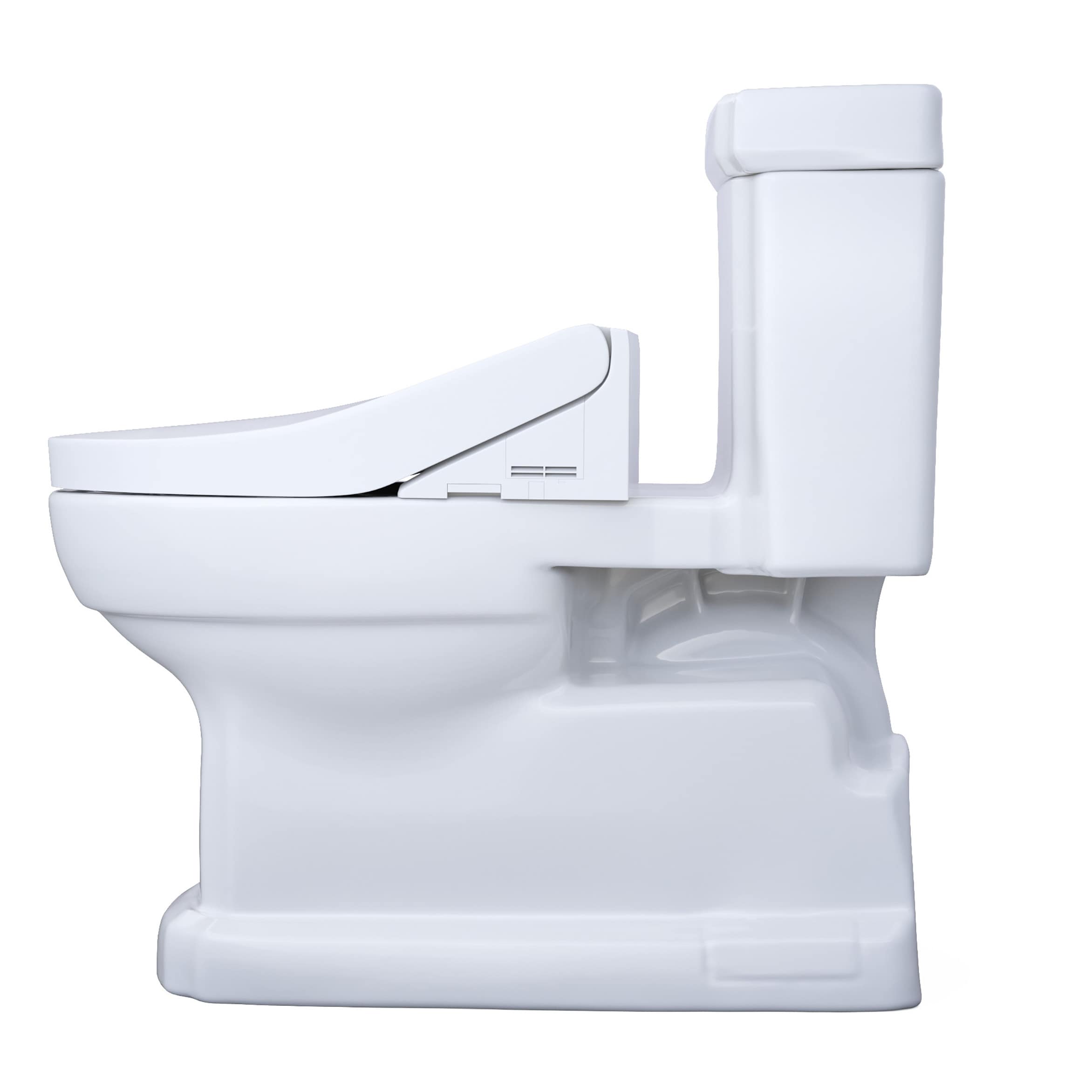Bidé TOTO Guinevere de una sola pieza, con altura de silla y cierre suave, en color blanco de algodón. Con una descarga de 1.28 GPF y un diseño alargado, ideal para un baño elegante y funcional.