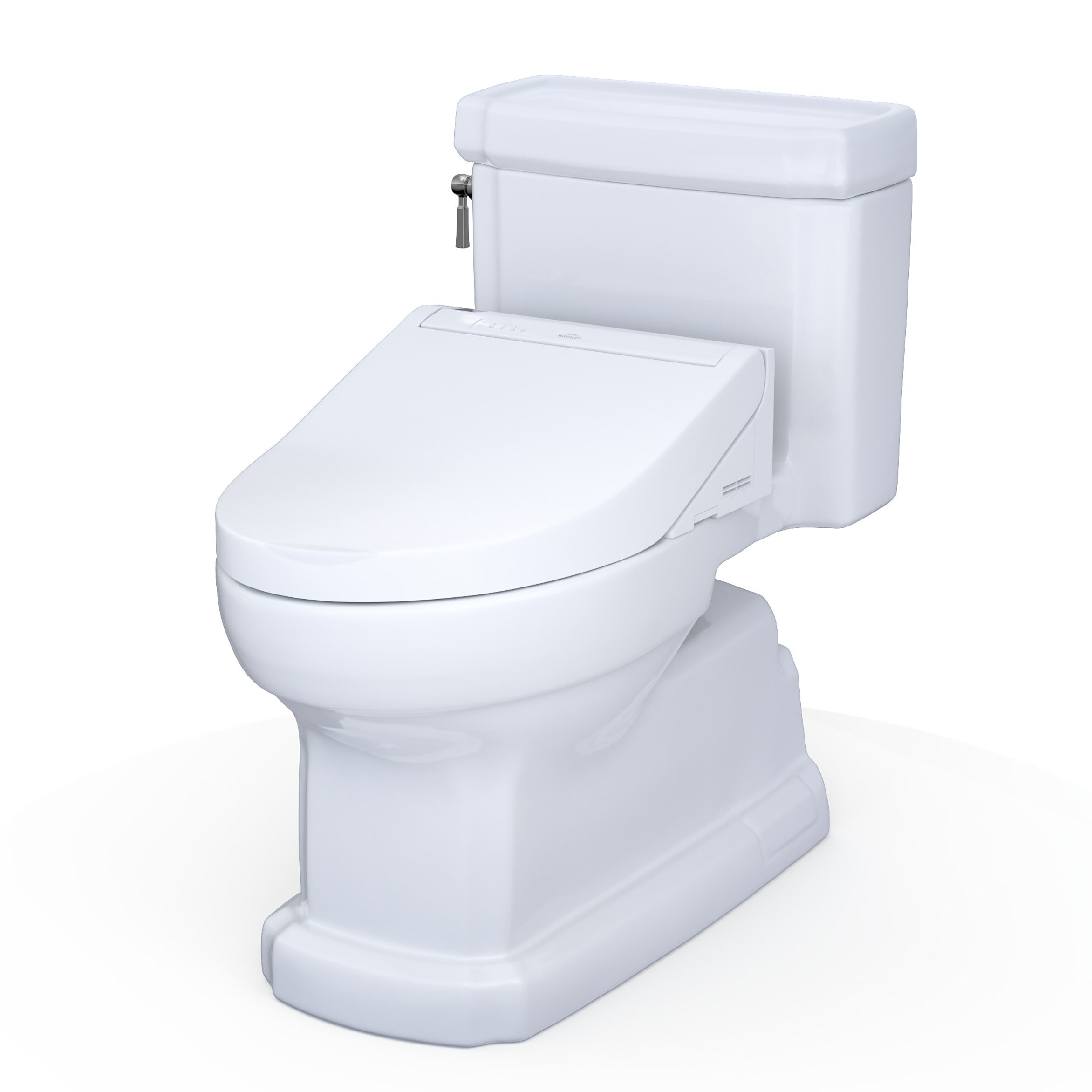 Bidé TOTO Guinevere de una sola pieza, con altura de silla y cierre suave, en color blanco de algodón. Con una descarga de 1.28 GPF y un diseño alargado, ideal para un baño elegante y funcional.
