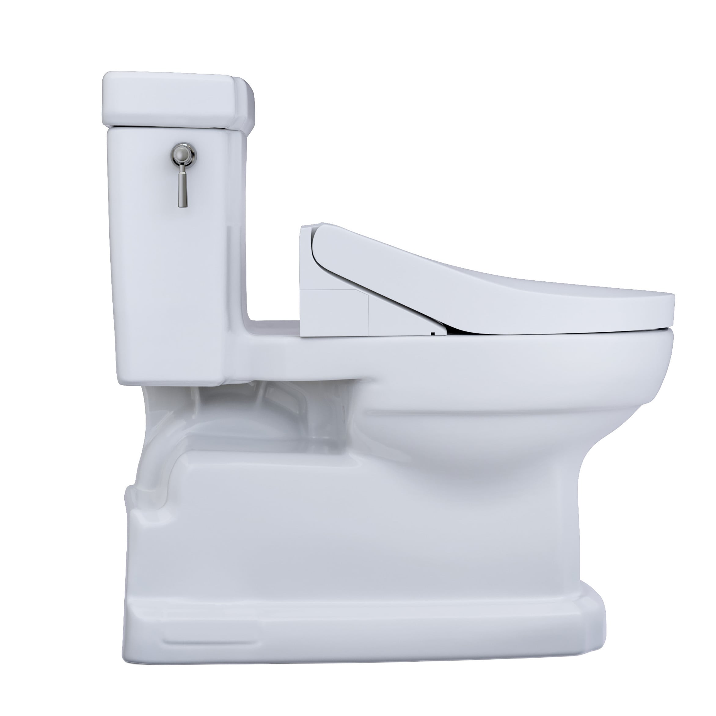 Bidé TOTO Guinevere de una sola pieza, con altura de silla y cierre suave, en color blanco de algodón. Con una descarga de 1.28 GPF y un diseño alargado, ideal para un baño elegante y funcional.