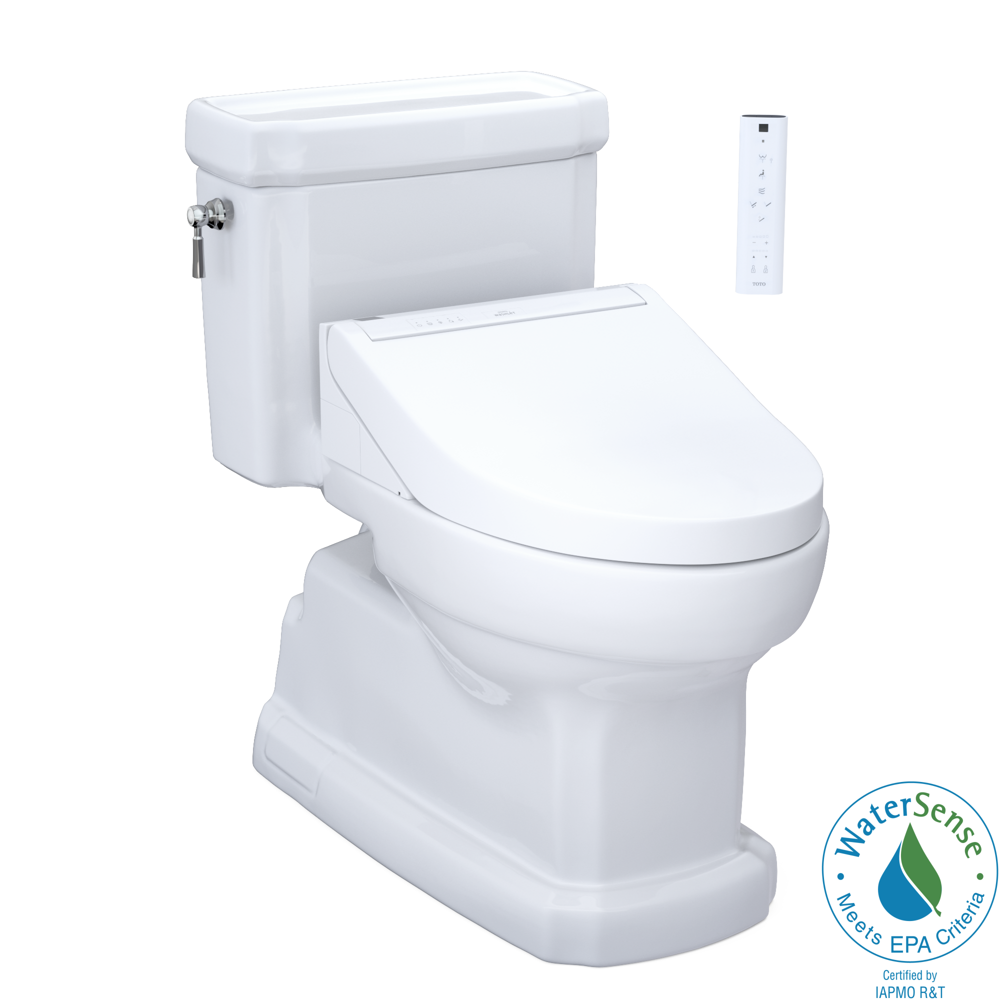 Bidé TOTO Guinevere de una sola pieza, con altura de silla y cierre suave, en color blanco de algodón. Con una descarga de 1.28 GPF y un diseño alargado, ideal para un baño elegante y funcional.