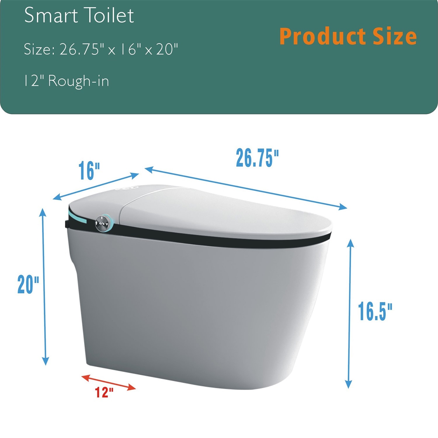 Mondawe Blanco Individual Alargado Altura Estándar Inteligente 1 Pieza Bidet 12 pulgadas de Descarga 1.28 GPF MD-JP-15354