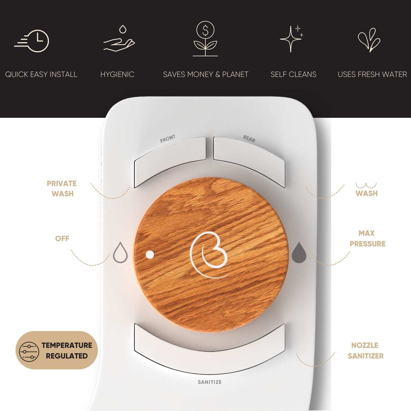 Revolution Bidet de Boss: Adaptador de Bidet de Doble Boquilla sin Electricidad, Temperatura Dual, Autolimpieza (Bambú de Bali)