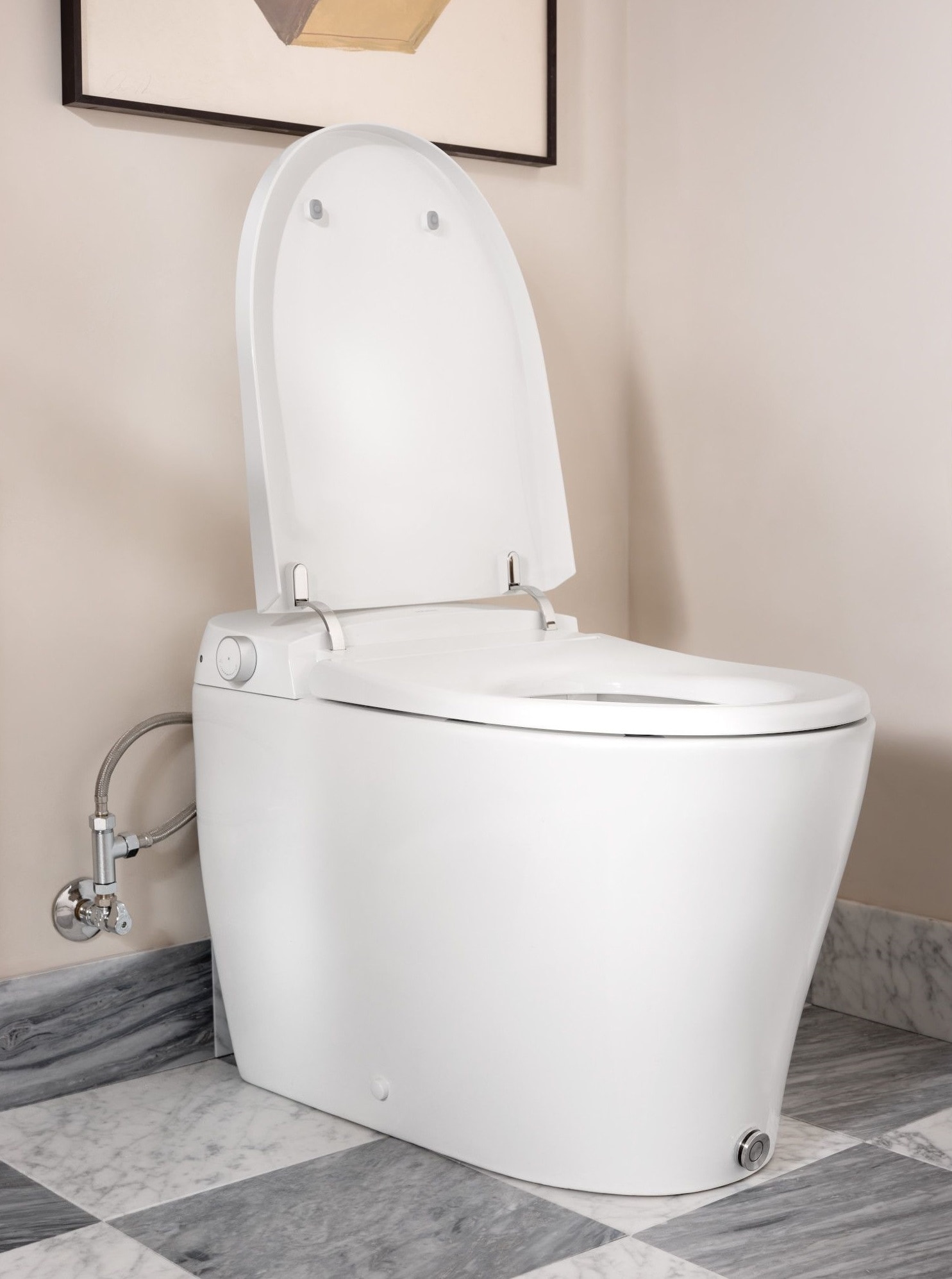 Bidet inteligente de una pieza de altura de silla alargada, cierre suave, color blanco, con descarga eficiente de 1.0 galones por descarga.