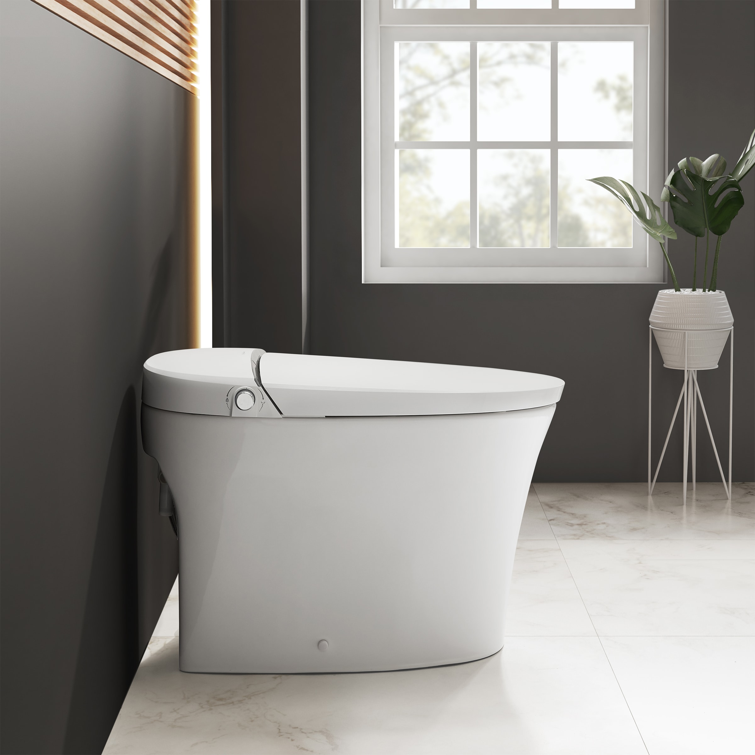 Inodoro Bidet Suizo Madison Vicenza blanco brillante de altura estándar con cierre suave inteligente de doble descarga alargado de una pieza con 12 pulgadas de montaje bruto 1.6 GPF SM-25-STVIC03WH