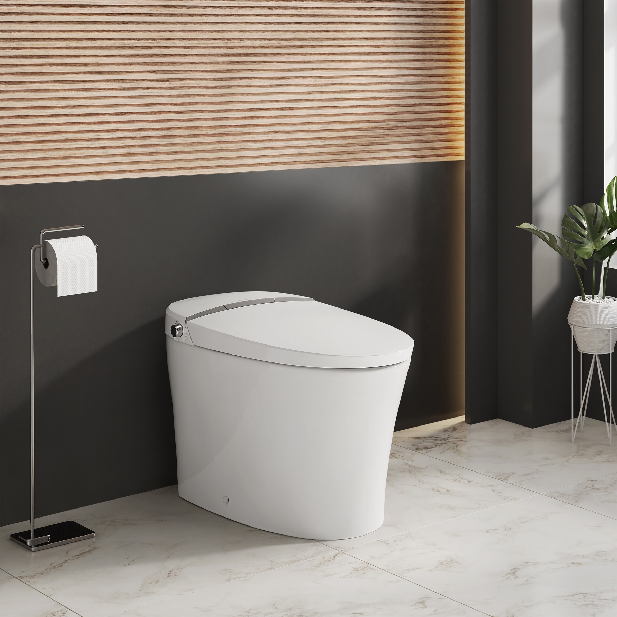 Inodoro Bidet Suizo Madison Vicenza blanco brillante de altura estándar con cierre suave inteligente de doble descarga alargado de una pieza con 12 pulgadas de montaje bruto 1.6 GPF SM-25-STVIC03WH