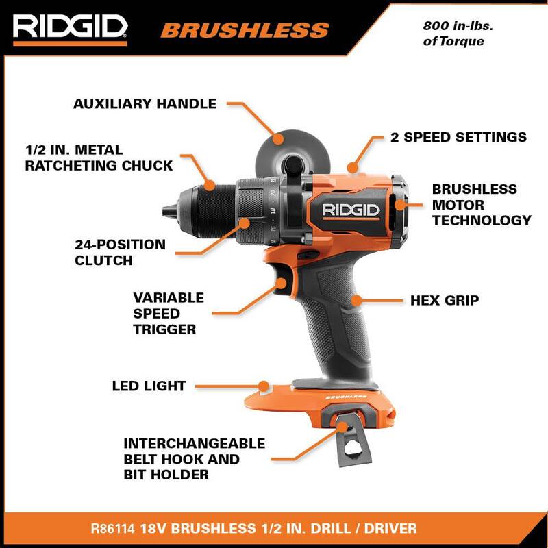 RIDGID Taladro/destornillador inalámbrico sin escobillas de 18V 1/2 pulgadas (Solo herramienta) - R86114B