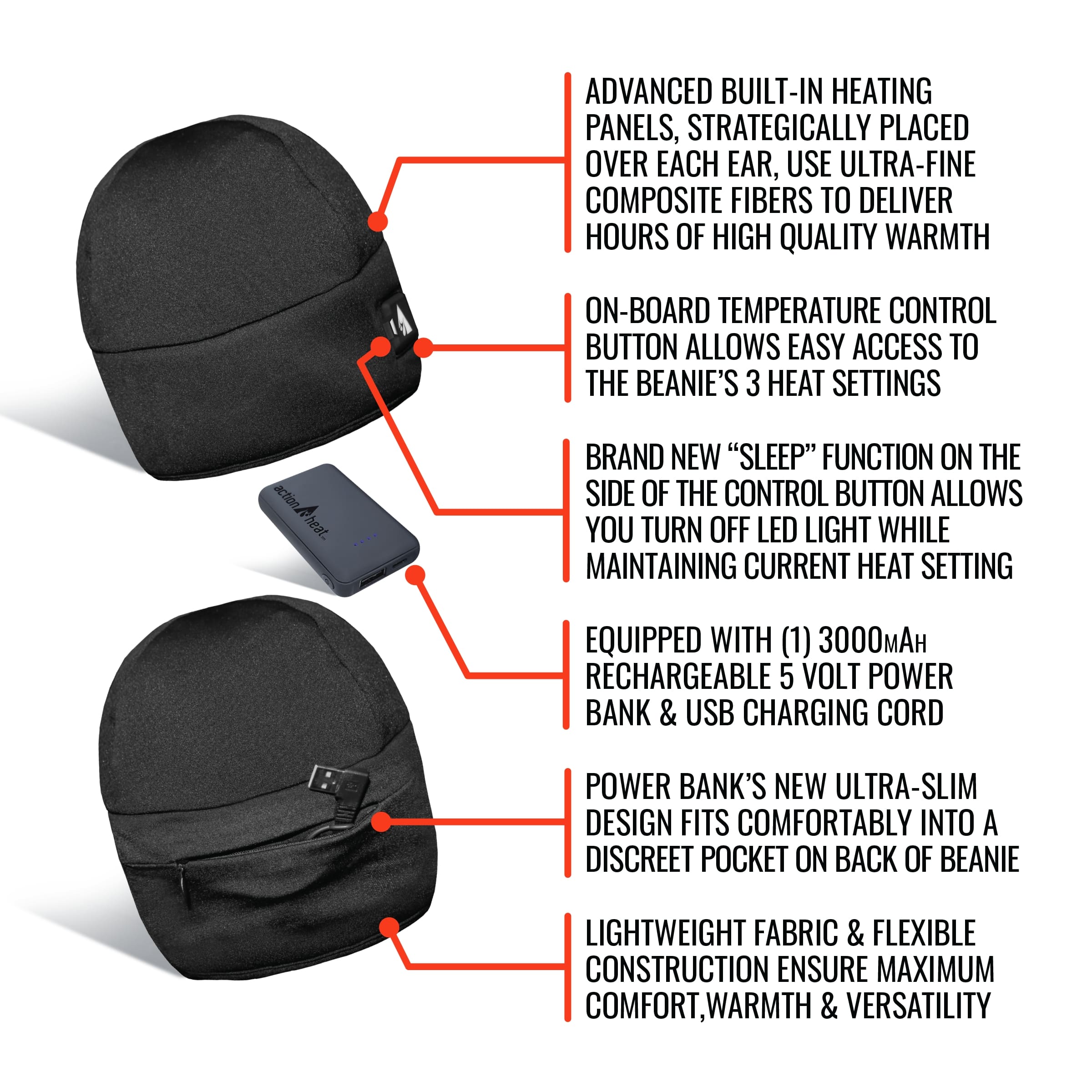Gorro calefactable de poliéster negro para adultos unisex tamaño grande/extra grande de ActionHeat