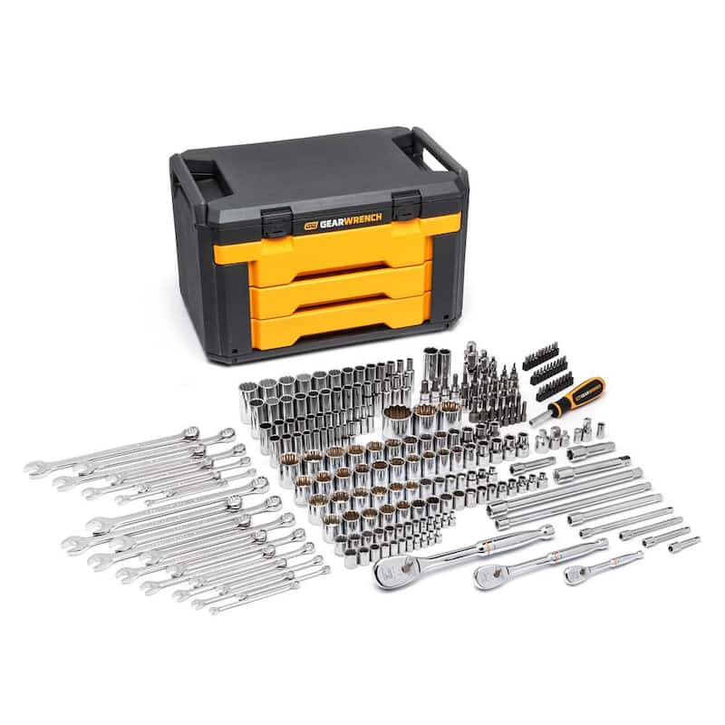 Juego de herramientas de mecánico GEARWRENCH de 1/4 in., 3/8 in. y 1/2 in. de accionamiento, estándar y profundo de 12 puntos en medidas SAE y métricas en caja de 3 cajones (243 piezas) - 80972.