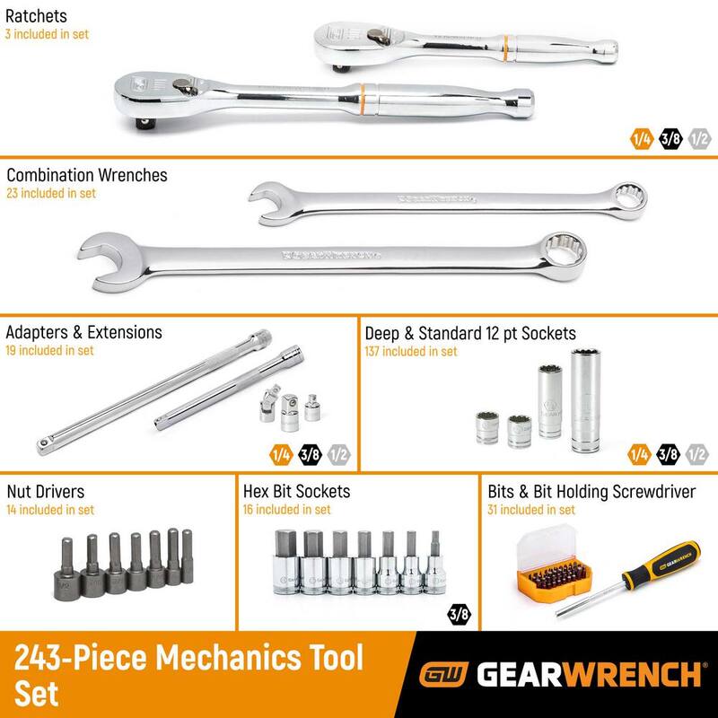 Juego de herramientas de mecánico GEARWRENCH de 1/4 in., 3/8 in. y 1/2 in. de accionamiento, estándar y profundo de 12 puntos en medidas SAE y métricas en caja de 3 cajones (243 piezas) - 80972.