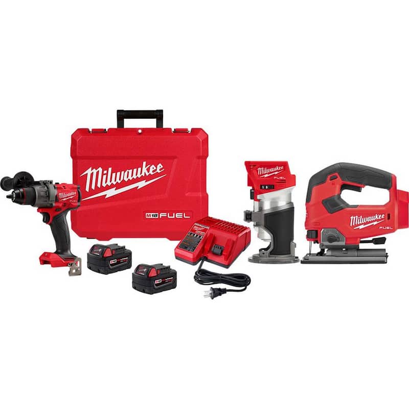 Juego de Taladro Percutor Inalámbrico sin Escobillas Milwaukee M18 Fuel de 18 V con Li-Ion de 1/2 pulgadas, Router M18 FUEL y Sierra de Calar M18 FUEL - 2904-22-2723-20-2737-20.