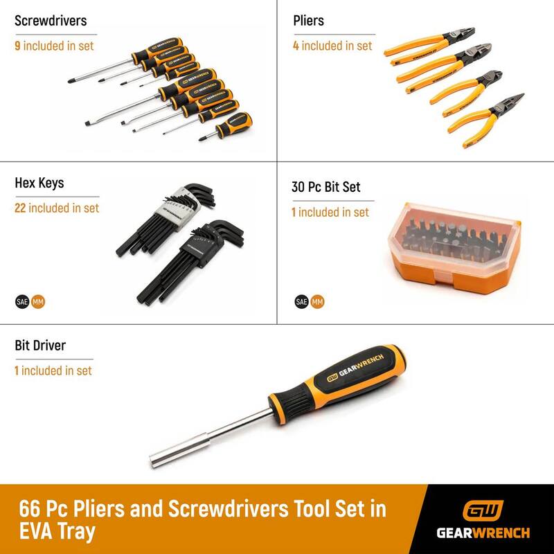 Set de herramientas GEARWRENCH de pinzas y desarmadores en charola de EVA (66 piezas) - 82998