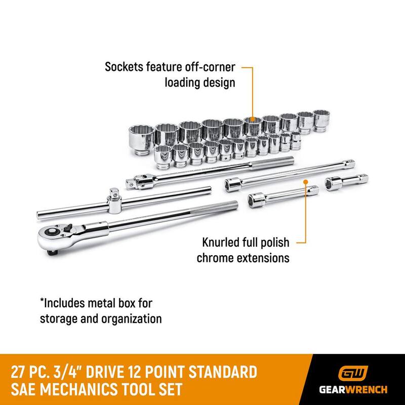 Set de herramientas mecánicas GEARWRENCH de 3/4 pulgadas de unidad, trinquete de 24 dientes y 12 puntos SAE con juego de llaves de vaso (27 piezas) - 80880.