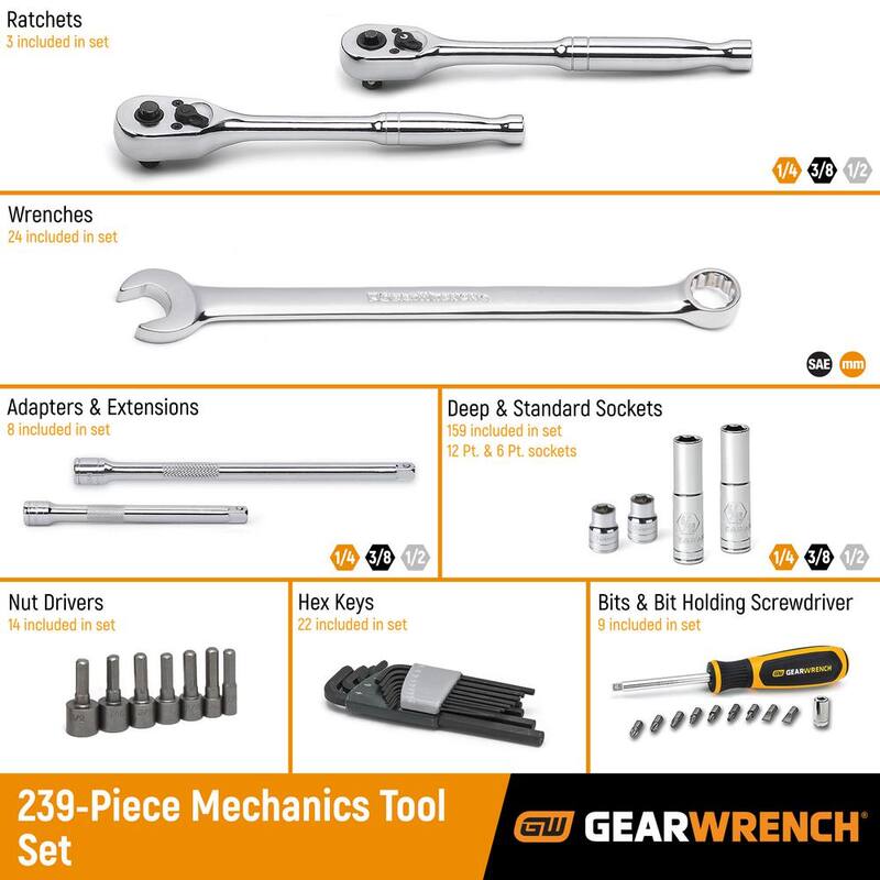 Set de herramientas para mecánicos GEARWRENCH de 1/4 in., 3/8 in. y 1/2 in. estándar y de impacto en medidas SAE/Metricas en caja de almacenamiento de 3 cajones (239 piezas) - 80942.