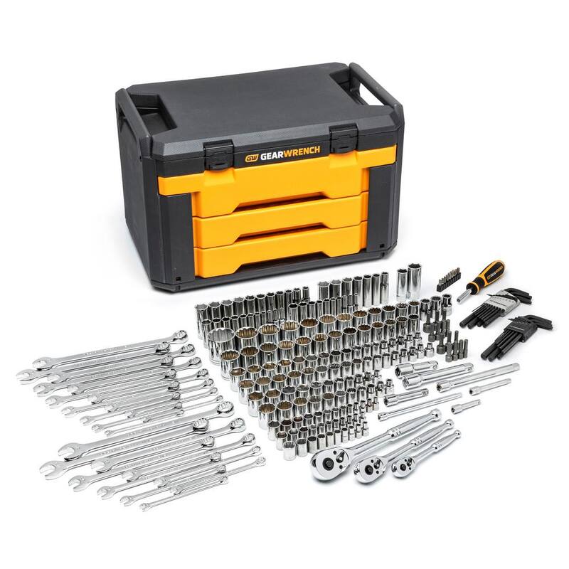 Set de herramientas para mecánicos GEARWRENCH de 1/4 in., 3/8 in. y 1/2 in. estándar y de impacto en medidas SAE/Metricas en caja de almacenamiento de 3 cajones (239 piezas) - 80942.