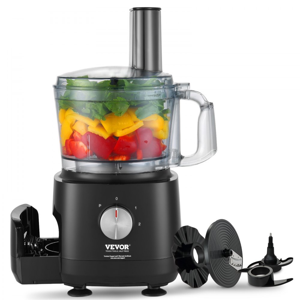 VEVOR Food Processor, 9-Cup Vegetable Chopper for Chopping, Slicing, Shredding, Puree, and Kneading, 600 Watts Stainless Steel Blade Professional Electric Food Chopper, Easy Assembly & Clean, Black - SPJGJ600WJXSH190NV1