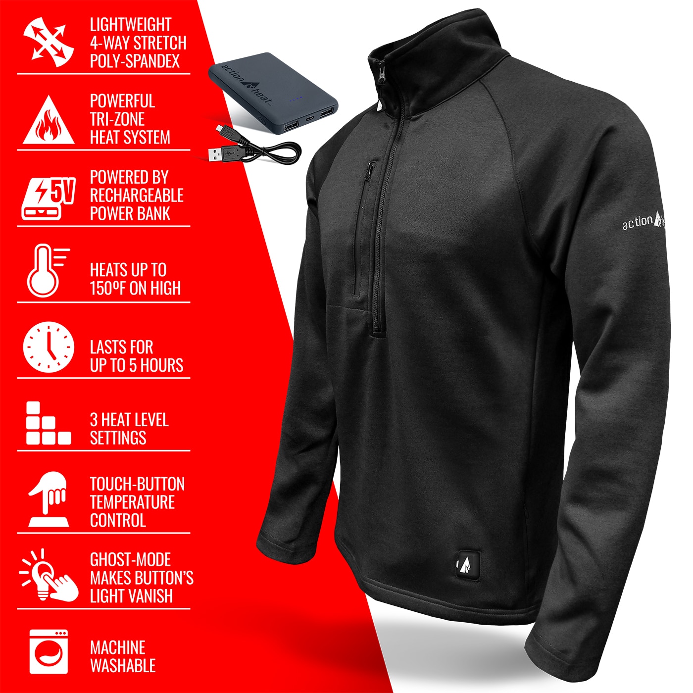 Playera térmica de manga larga para hombre en color negro de ActionHeat (talla 2XL)