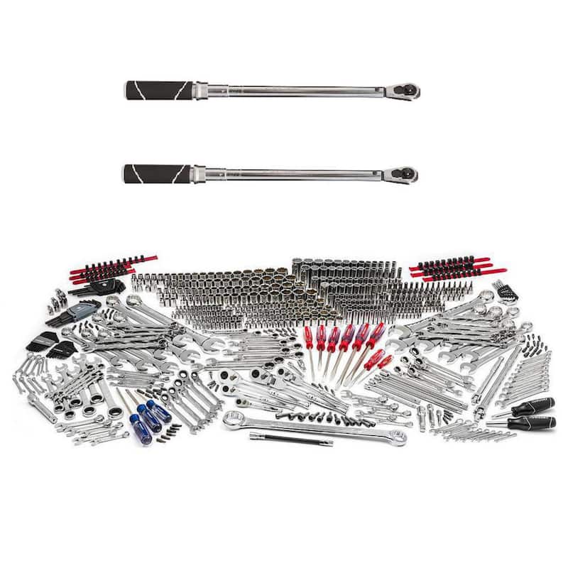 Herramientas mecánicas Husky de 1/4, 3/8 y 1/2 pulgadas, SAE/Métricas, juego de herramientas superficiales y profundas con llaves de torque (607 piezas) - H605MTSPO3TWCB