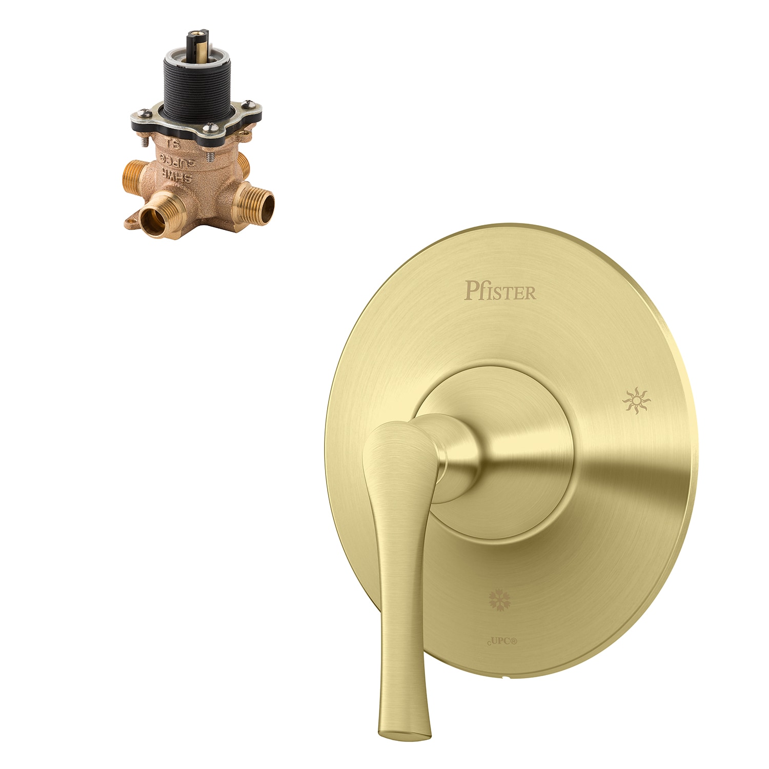 Grifo para bañera y regadera de 1 manija en oro cepillado Pfister Rhen, se vende por separado con válvula R89-1RHBG-0X8-310A-L.