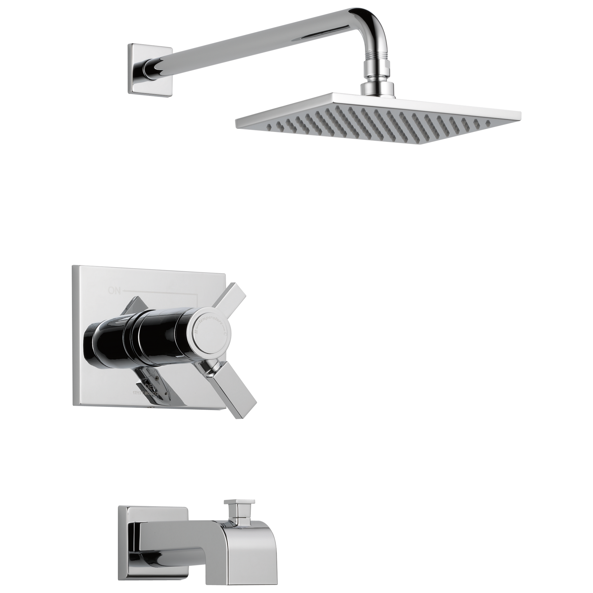 Llave de bañera y ducha cuadrada cromada de dos manijas con termostato Vero Delta, incluye válvula de función única de 8.656 pulgadas.