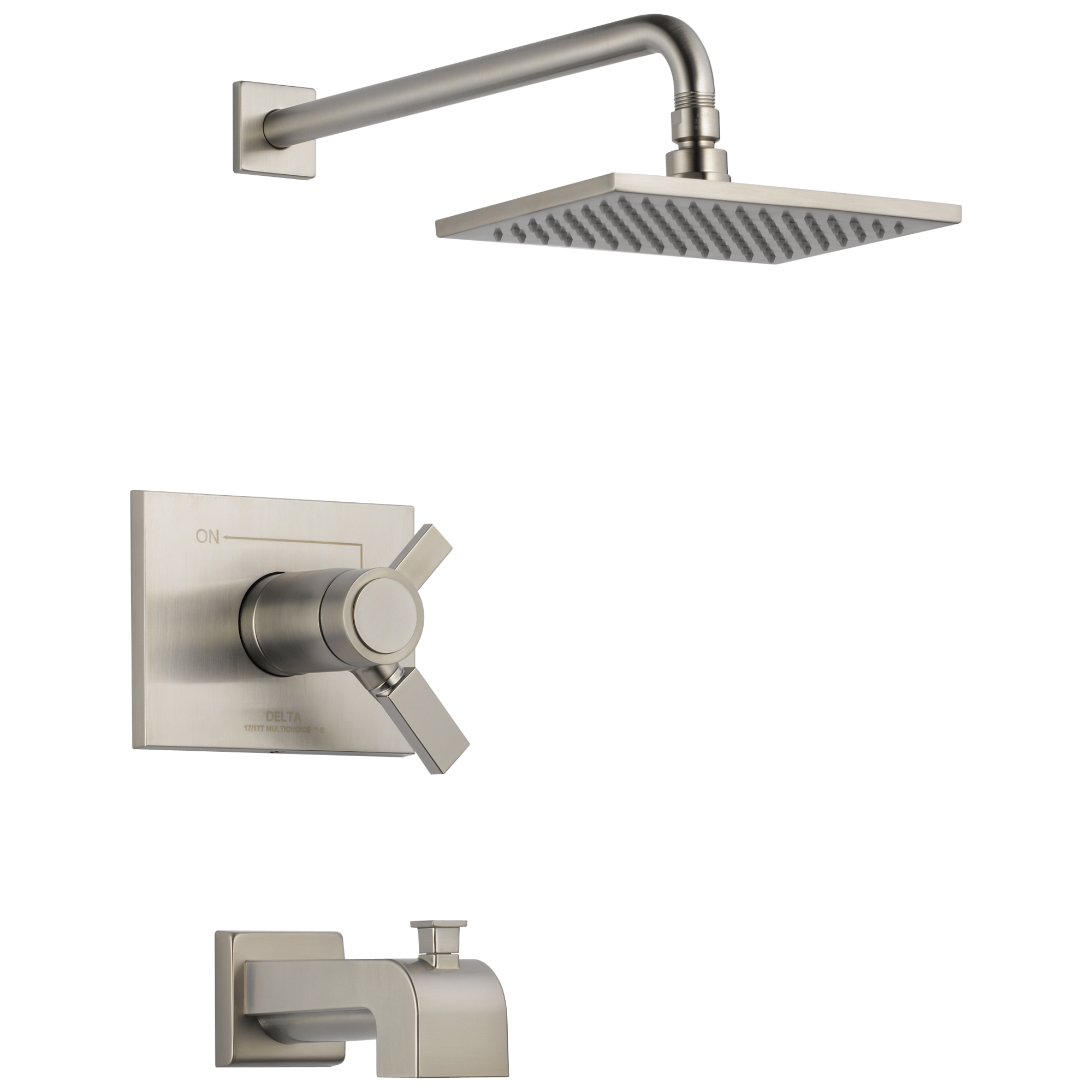 Grifo para Bañera y Ducha Cuadrado de Acero Inoxidable con Termostato de 2 Manijas y Función Única de 8.656 pulgadas incluye Válvula Delta Vero T17T453-SS