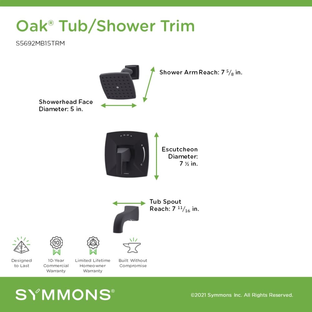 Grifo de bañera y ducha de una sola función, negro mate de roble Symmons de 5 pulgadas.