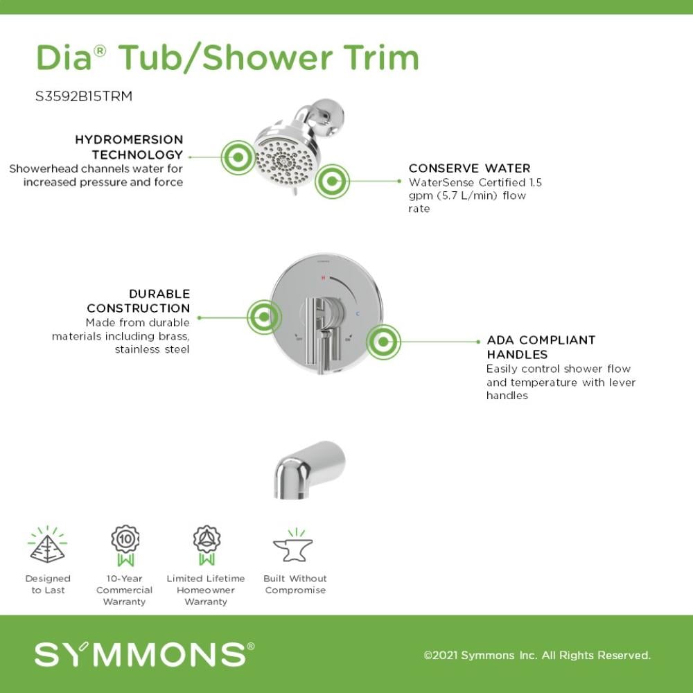 Llave para bañera y ducha redonda de 3.94 pulgadas de función múltiple con un solo mango en cromo pulido Symmons Dia