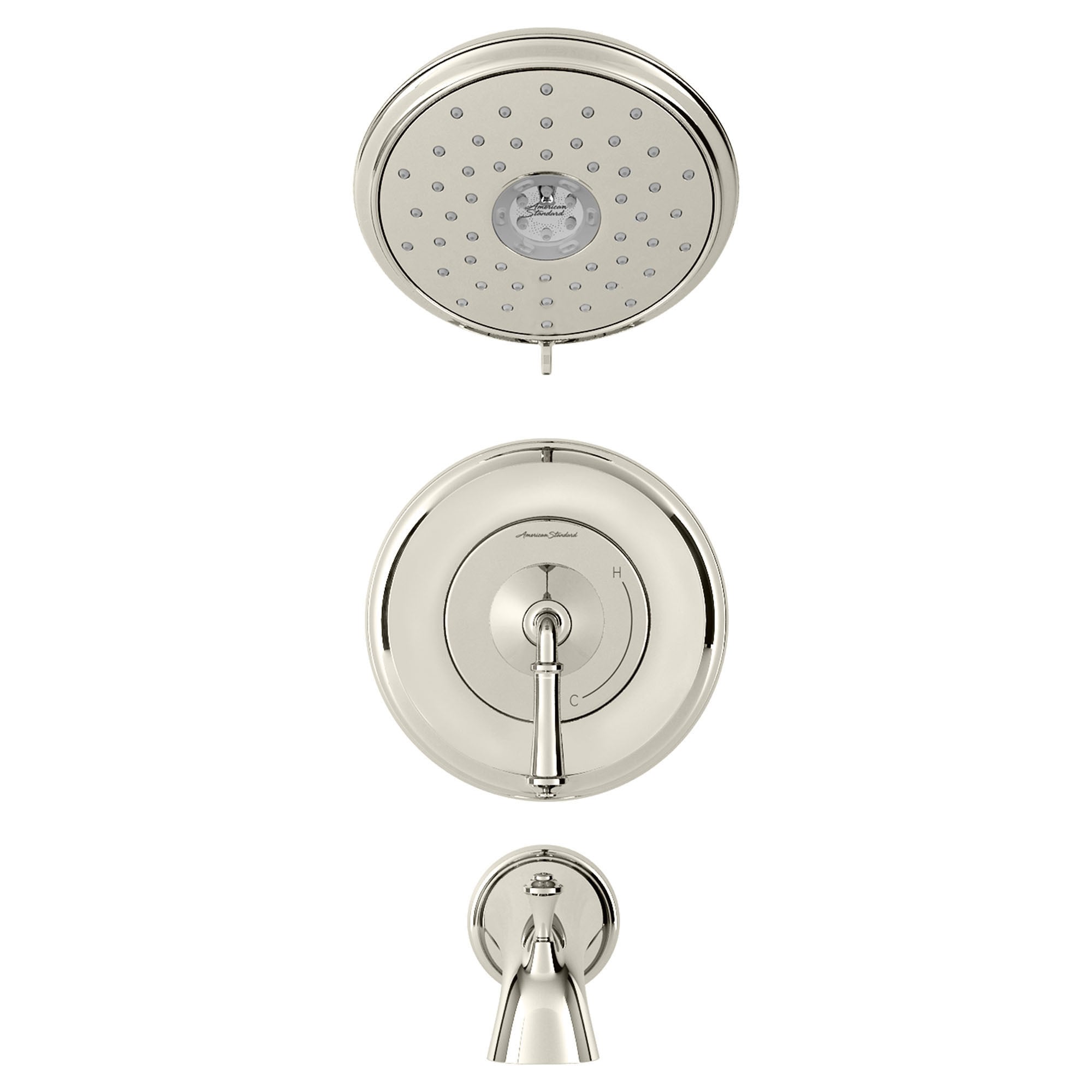 Monomando redondo para bañera y regadera de 7.25 pulgadas, función única, en níquel pulido American Standard Delancey TU052508.013.