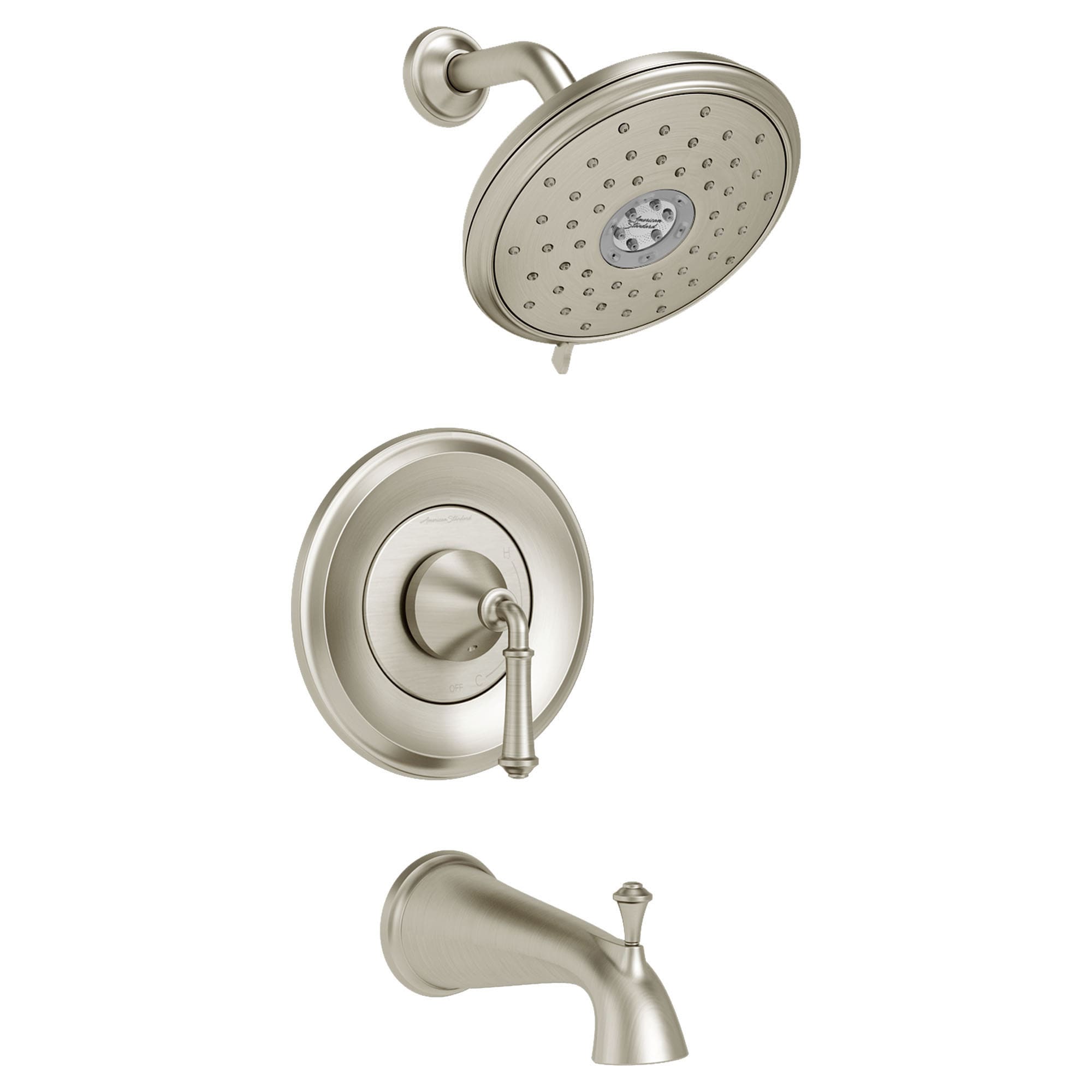 Mezcladora Monomando de Bañera y Regadera Redonda de 7.25 Pulgadas en Níquel Cepillado American Standard Delancey