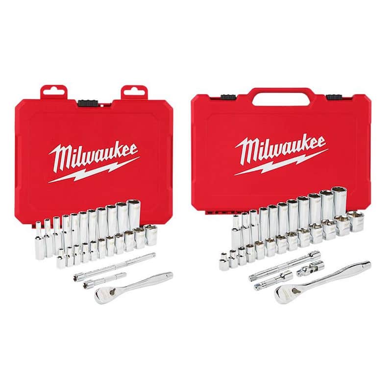 Juego de herramientas mecánicas Milwaukee de trinquete y casquillos de 1/4 y 3/8 pulgadas en estándar SAE (54 piezas) - 48-22-9404-48-22-9408