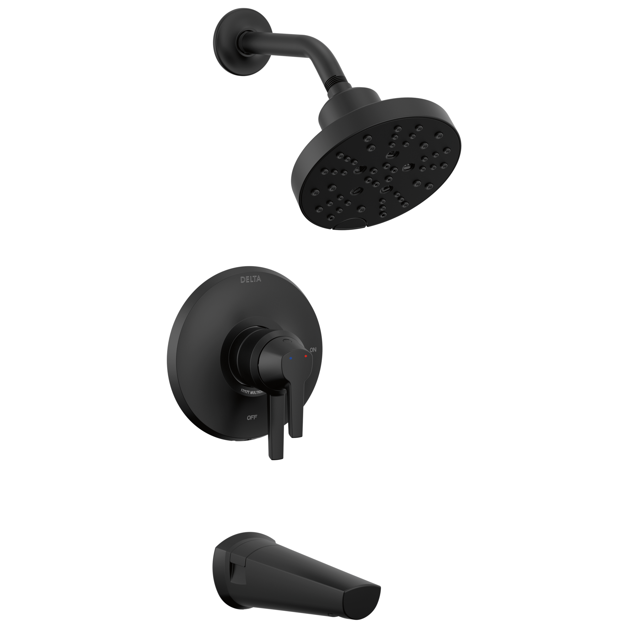 Grifo para bañera y regadera redonda de 6 pulgadas con 2 manijas en negro mate Modelo Galeón de Delta T17472-BL