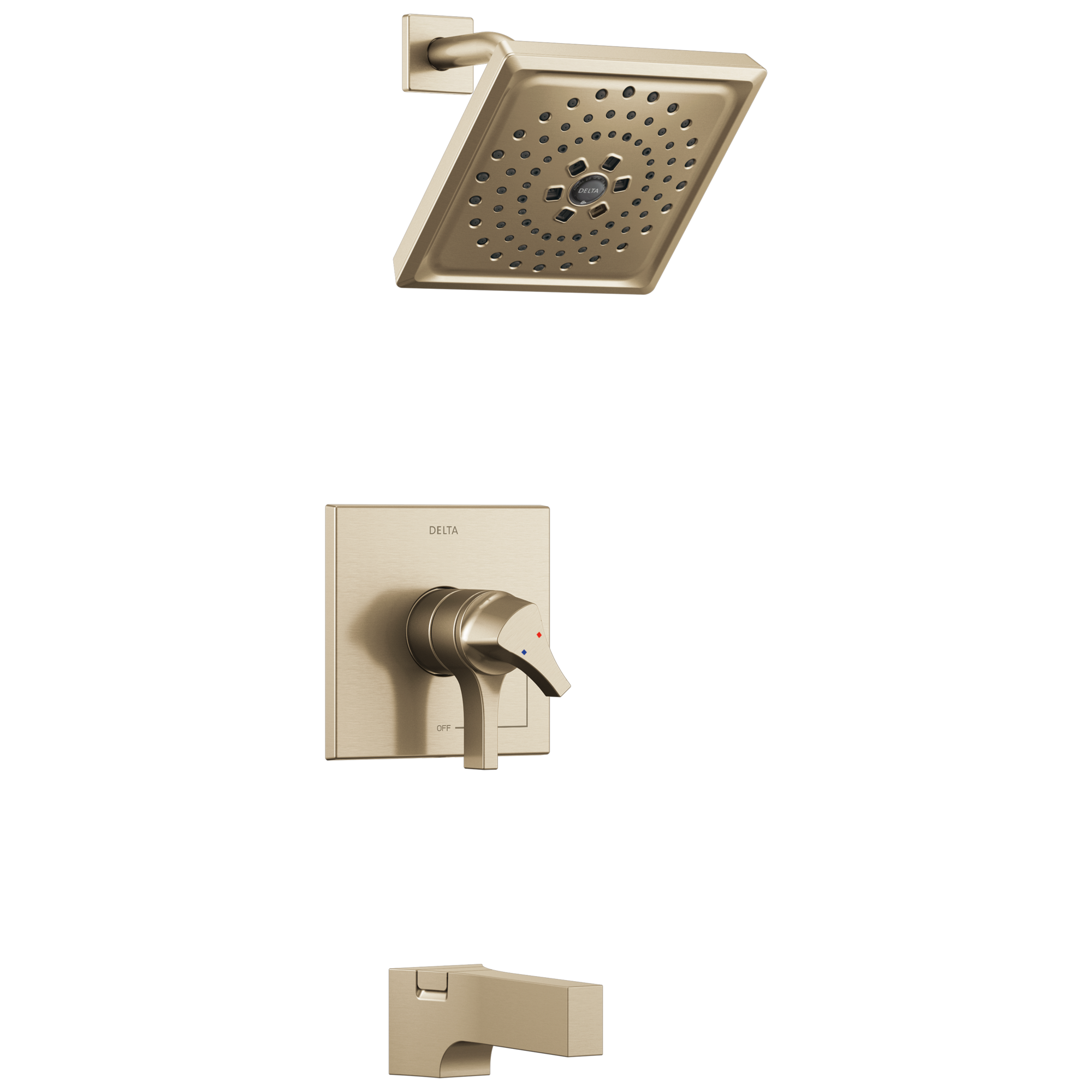 Grifería para bañera y ducha de dos manijas en color bronce champagne Delta Zura de función múltiple de 6.63 pulgadas cuadradas T17474-CZ.